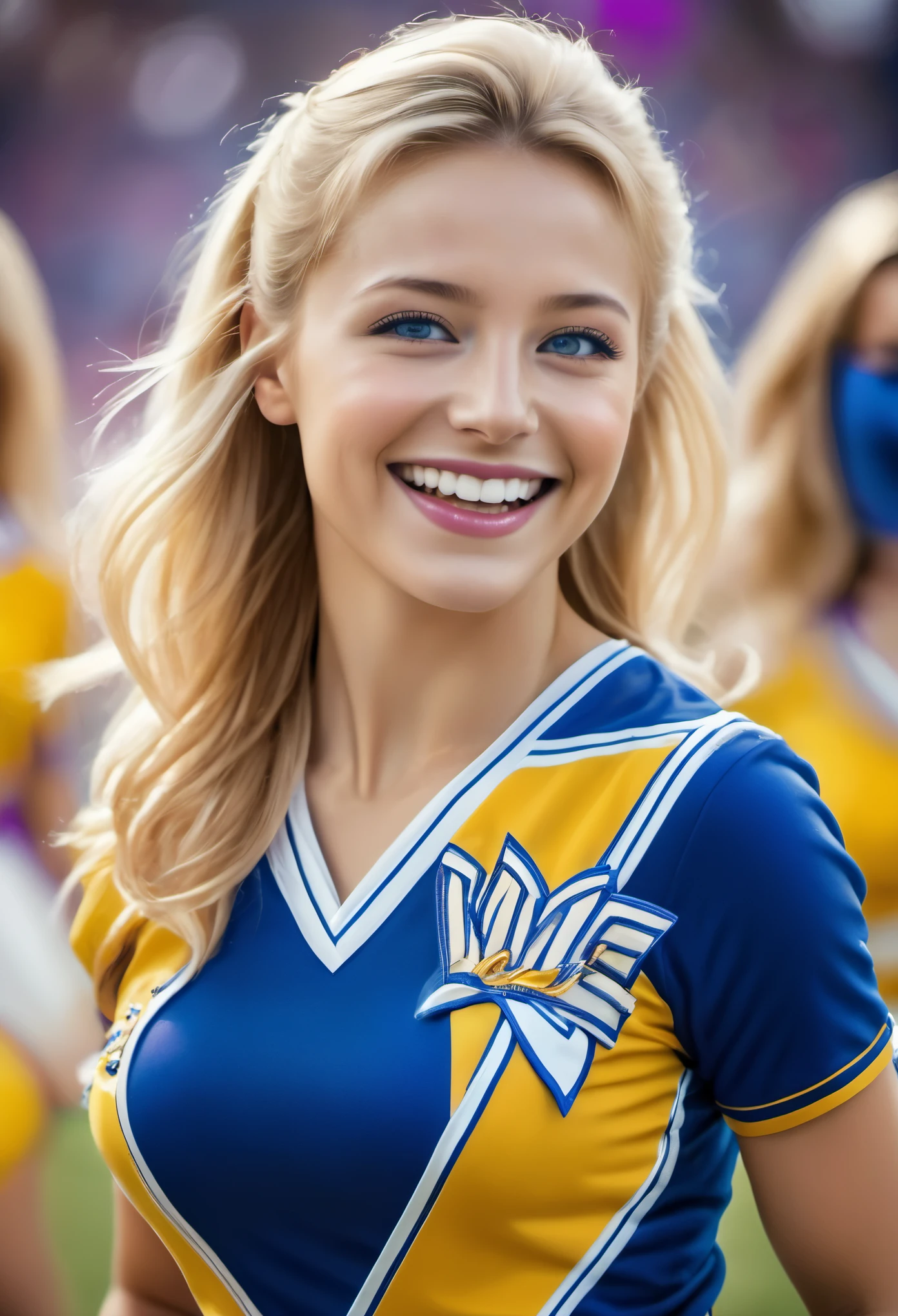 (Best Picture Quality,4K,8K,Hi-Res,Masterpiece:1.2),Ultra-Detailed,(Realistic,Photorealistic,Photorealistic:1. 37),Portrait, Beautiful young American cheerleader, blond hair, blue eyes, cheerful smile, energetic and dynamic, attractive facial features, vivid colors, soft natural lighting, gorgeous makeup, feminine and lively pose, energetic and confident expression, trendy cheerleader uniform with team logo and colors, sharp sharp on face and eyes. soft natural lighting, glamorous make-up, lively feminine pose, energetic and confident expression, trendy cheerleader uniform with team logo and colors, sharp focus on face and eyes, shiny yellow and purple pom-poms, powerful and energetic jumps and movements, joyful and enthusiastic atmosphere, cheering crowds and warm, vibrant backgrounds, professional photography, HDR, high contrast and saturation, bursting with energy and excitement. Detailed, moist skin textures,