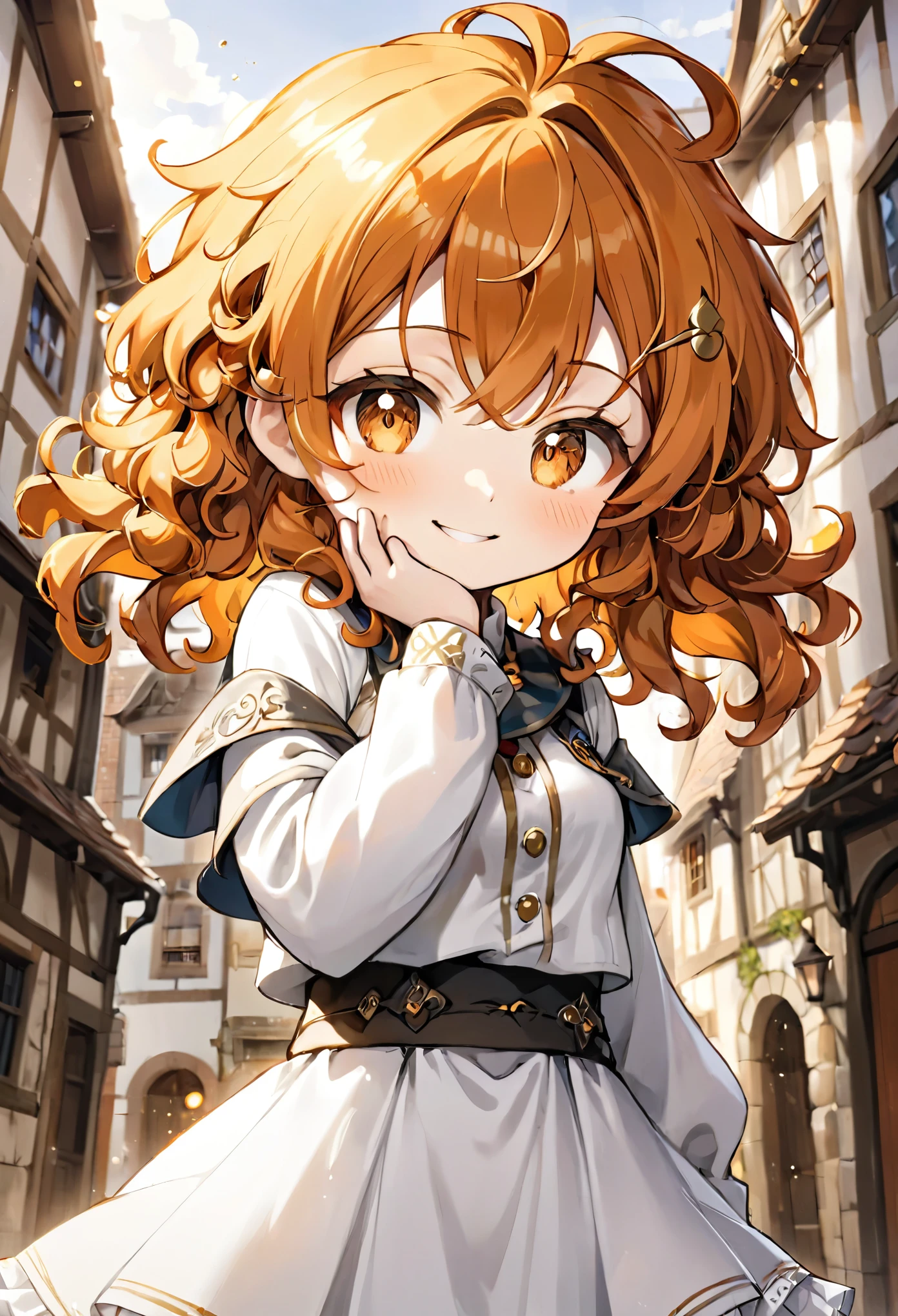 chibi, super deformed, funny, best quality, super fine, 16k, incredibly absurdres, extremely detailed, delicate, flashy and dynamic depiction, cute white woman, shy, smile, orange curly messy hair, wearing white long-sleeved and long skirt work clothes, portrait, gold eyes, background simple color, medieval western-style building