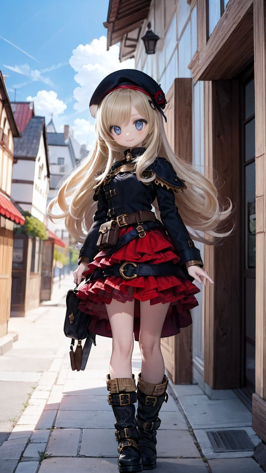 (14th century), (Medieval Fantasy), (Medieval German stone town),Cobblestone Street,pretty girl, beautiful girl, Beautiful Face, Round eyes, highest quality, Very detailed, smile, (steampunk),Long sleeve,Layered skirt, Blonde,Long Hair, belt,beret,Pouch,boots,Sun in the sky