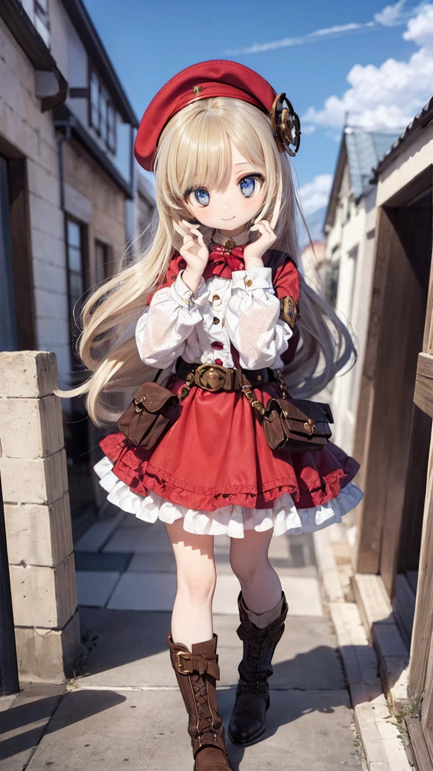 (14th century), (Medieval Fantasy), (Medieval German stone town),Cobblestone Street,pretty girl, beautiful girl, Beautiful Face, Round eyes, highest quality, Very detailed, smile, (steampunk),Long sleeve,Layered skirt, Blonde,Long Hair, belt,beret,Pouch,boots,Sun in the sky