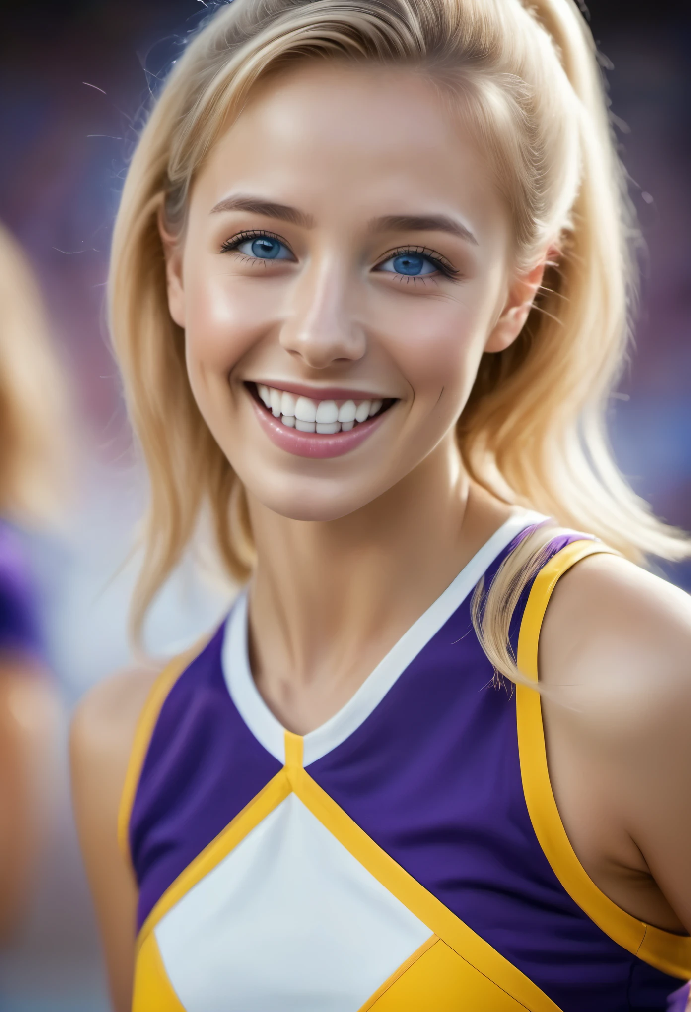 (Best Picture Quality,4K,8K,Hi-Res,Masterpiece:1.2),Ultra-Detailed,(Realistic,Photorealistic,Photorealistic:1. 37),Portrait, Beautiful young American cheerleader, blond hair, blue eyes, cheerful smile, energetic and dynamic, attractive facial features, vivid colors, soft natural lighting, gorgeous makeup, feminine and lively pose, energetic and confident expression, trendy cheerleader uniform with team logo and colors, sharp sharp on face and eyes. soft natural lighting, glamorous make-up, lively feminine pose, energetic and confident expression, trendy cheerleader uniform with team logo and colors, sharp focus on face and eyes, shiny yellow and purple pom-poms, powerful and energetic jumps and movements, joyful and enthusiastic atmosphere, cheering crowds and warm, vibrant backgrounds, professional photography, HDR, high contrast and saturation, bursting with energy and excitement. Detailed, moist skin textures,