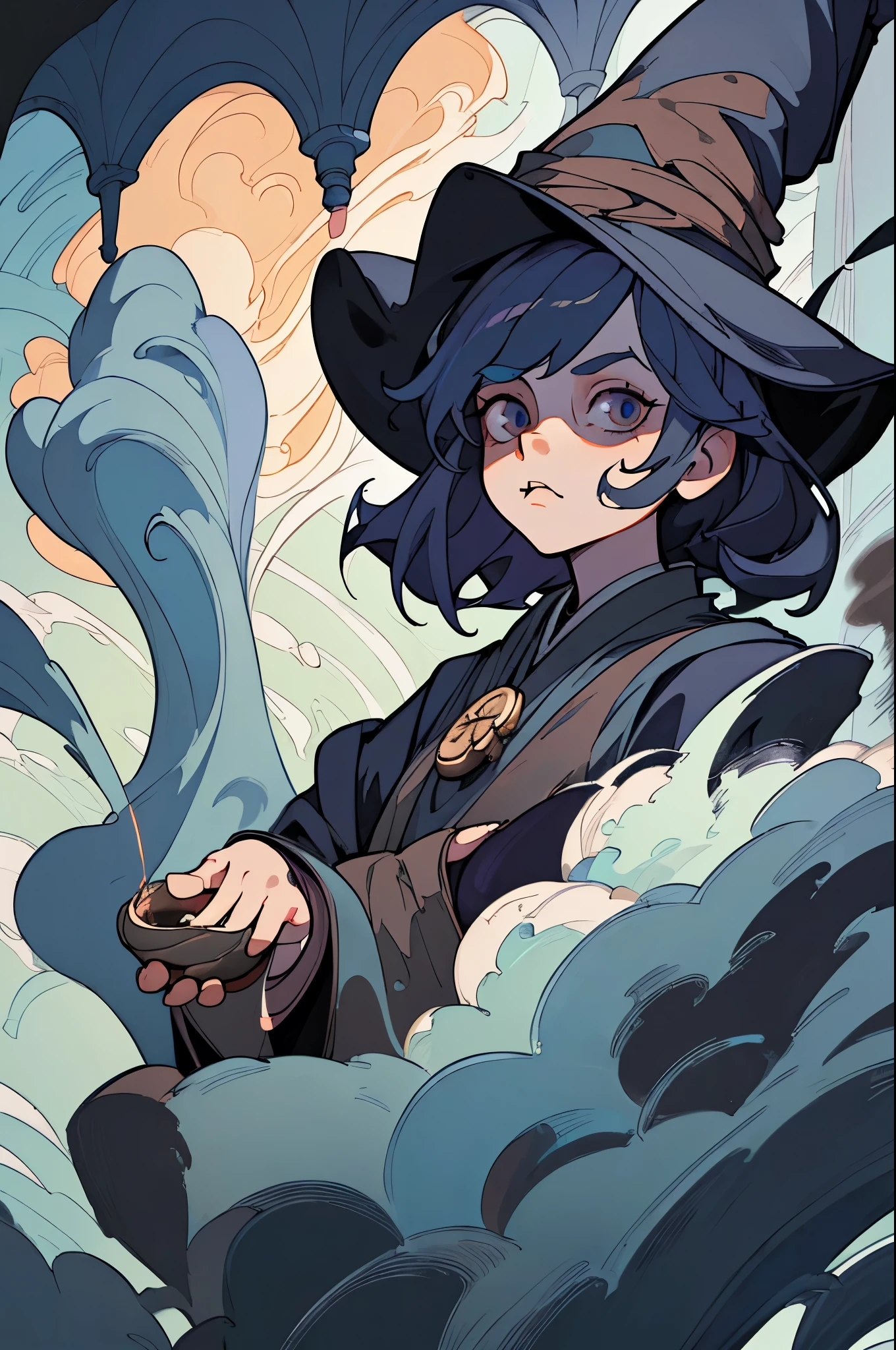 (best quality, masterpiece), 1girl, witch, brewing Potion, indoors, upper body, smoke, looking at viewer, moody atmosphere, floating fog, looking at viewer, dark shadow over eyes, face cast in shadow by large wizard hat