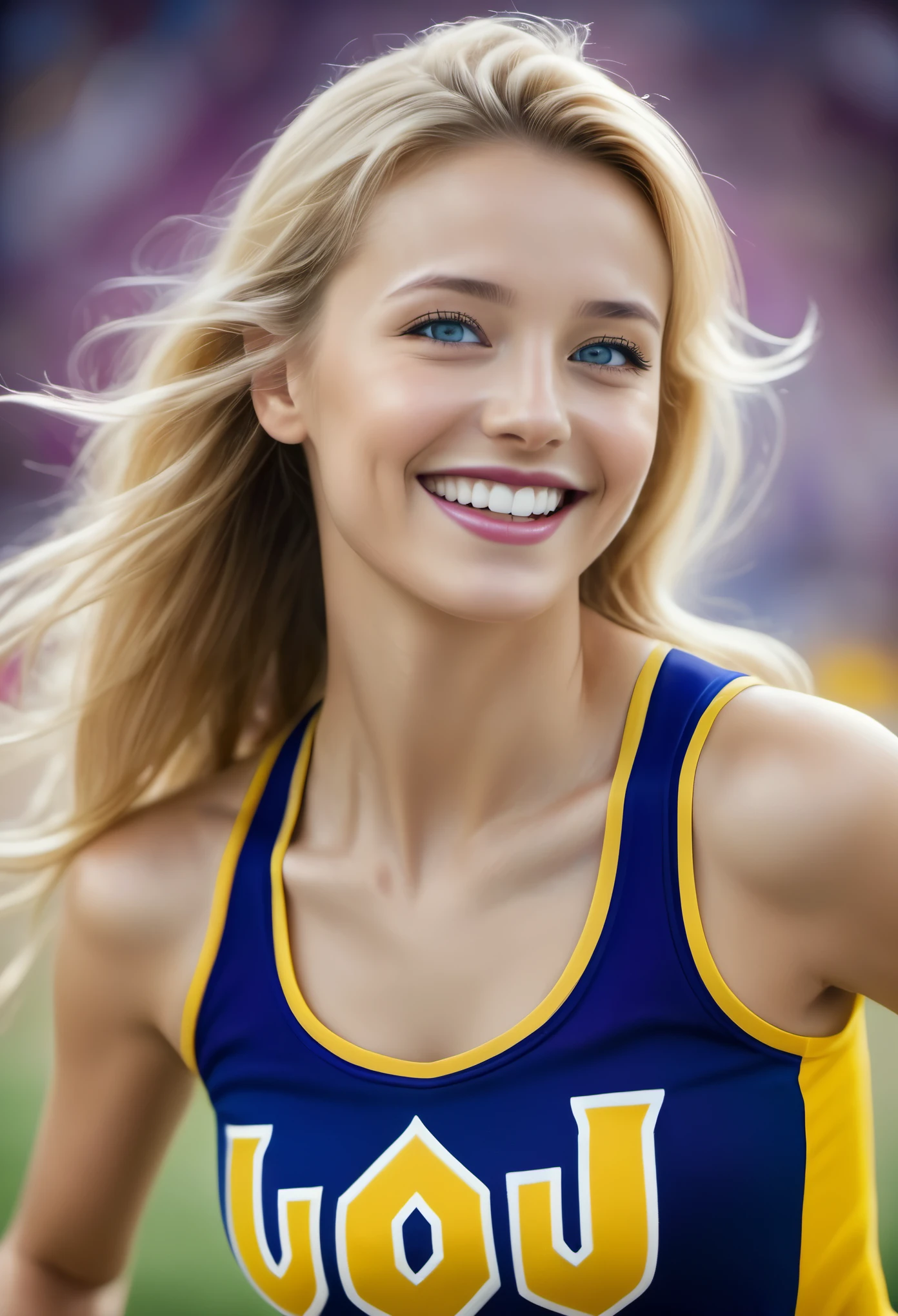 (Best Picture Quality,4K,8K,Hi-Res,Masterpiece:1.2),Ultra-Detailed,(Realistic,Photorealistic,Photorealistic:1. 37),Portrait, Beautiful young American cheerleader, blond hair, blue eyes, cheerful smile, energetic and dynamic, attractive facial features, vivid colors, soft natural lighting, gorgeous makeup, feminine and lively pose, energetic and confident expression, trendy cheerleader uniform with team logo and colors, sharp sharp on face and eyes. soft natural lighting, glamorous make-up, lively feminine pose, energetic and confident expression, trendy cheerleader uniform with team logo and colors, sharp focus on face and eyes, shiny yellow and purple pom-poms, powerful and energetic jumps and movements, joyful and enthusiastic atmosphere, cheering crowds and warm, vibrant backgrounds, professional photography, HDR, high contrast and saturation, bursting with energy and excitement. Detailed, moist skin textures,