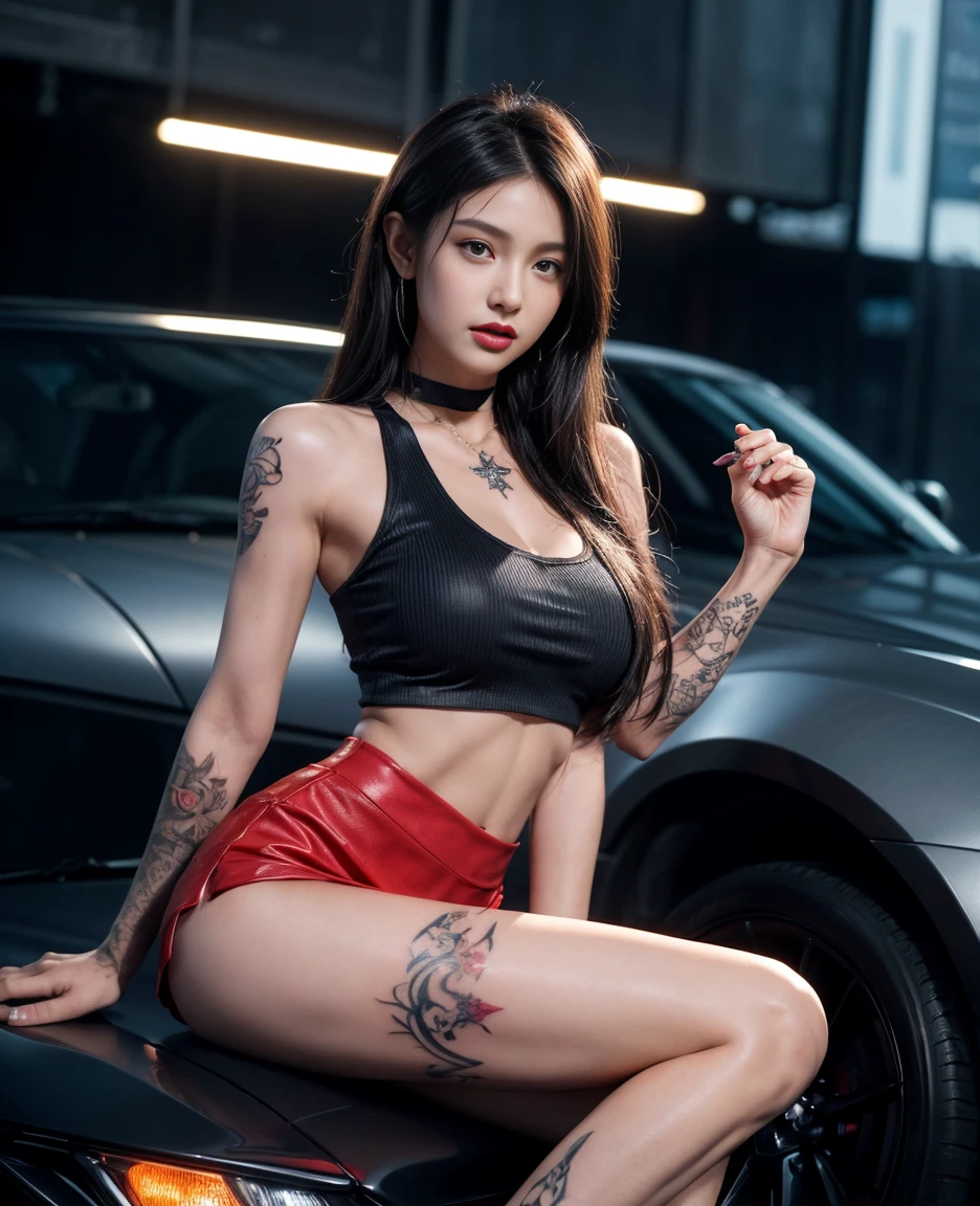 (realistic:1.5),(best quality), Very detailed and realistic CG work., (Masterpiece),(detailsดีเยี่ยม),Dim the light in the studio,dynamic light,Quality like a DSLR camera, exquisite, high resolution, 8k wallpaper, Beautiful night view of Cyberpunk city..:1.2, The city is decorated with neon lights and holograms..., Create a unique atmosphere for the cyberpunk world..,(1 woman), beautiful girl, 24 years old, Dark skin tone, (half body:1.5), Athletes with strong bodies, Let's have a six-pack.,There are muscles in every part.., Tighten muscles, Thighs are strong and beautiful.., details, Big hips, The legs are large and have muscular grooves.., Beautiful legs,muscular legs., You can see the veins in your arms and hands.., The arms have beautiful muscular grooves..,(Beautiful tattoos,upper arm tattoo,outer thigh tattoo,lower stomach tattoo,breasts tattoo :1.4),(Fitted singlet tank top.., thin gauze, The neck slit is very deep., Show your breasts., Revealing breasts.), Wear red high ankle boots..)), (น้ำยางitวาวหรูหรา:1.4),(Shiny red pleated short skirt:1.4,)、20 years old、(Cute tattoos:1.4)、it'Already wet.,choker:1.4、necklace:1.4、earring:1.4,Beautiful face、Look without fear、beautiful eyes,beautiful brown eyes, sharp eyes,dark eyelids,Long eyelashes, red lips,Biting your lip is sexy.,Thin mouth,The corners of the mouth lift up..,(dynamic gesture', (Posing while sitting in front of a luxury sports car.),Pose in style,(beautiful girlมีสไตล์:1.4))