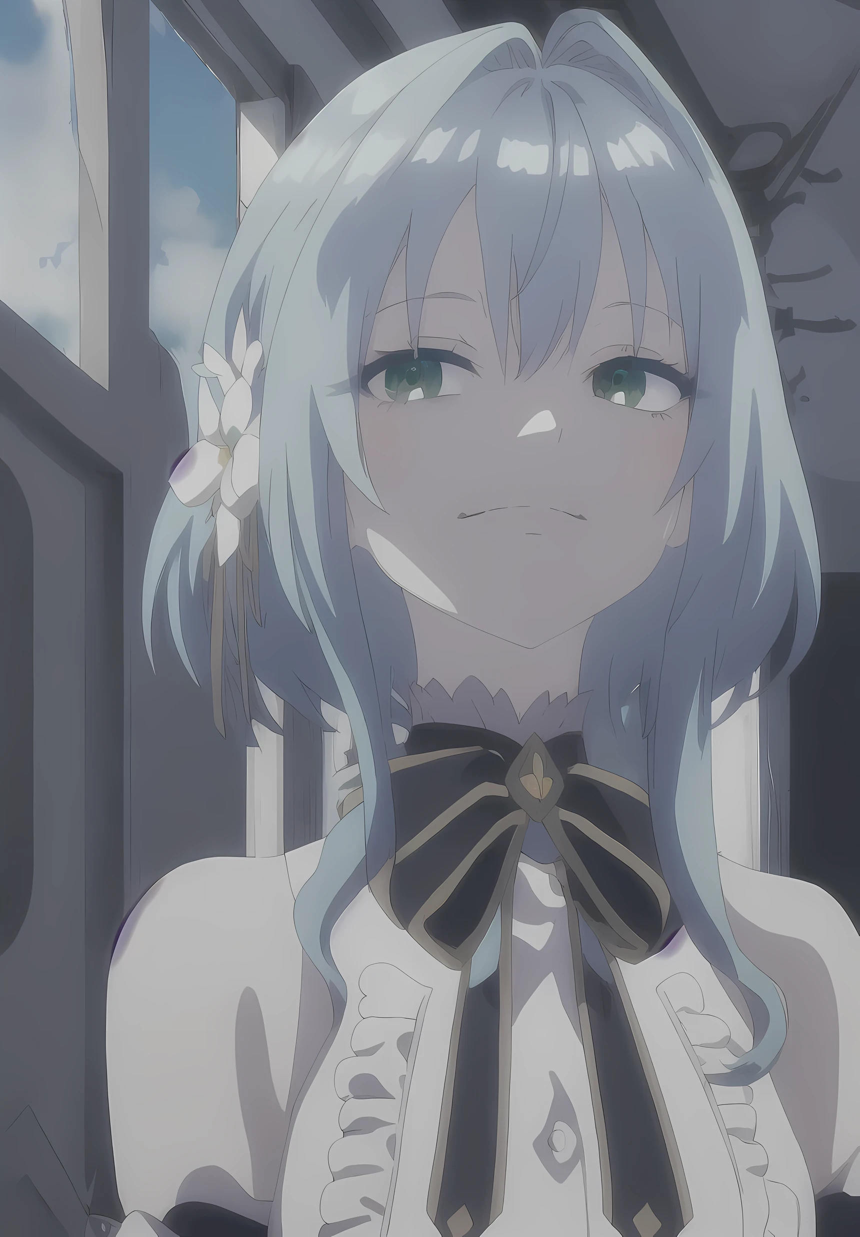 masterpiece, best quality, yandere, evil smile, from below, closed mouth, head tilt, dark, sky blue theme, pale skin, shaded face, empty eyes,, Villhaze, blue hair, short hair, green eyes