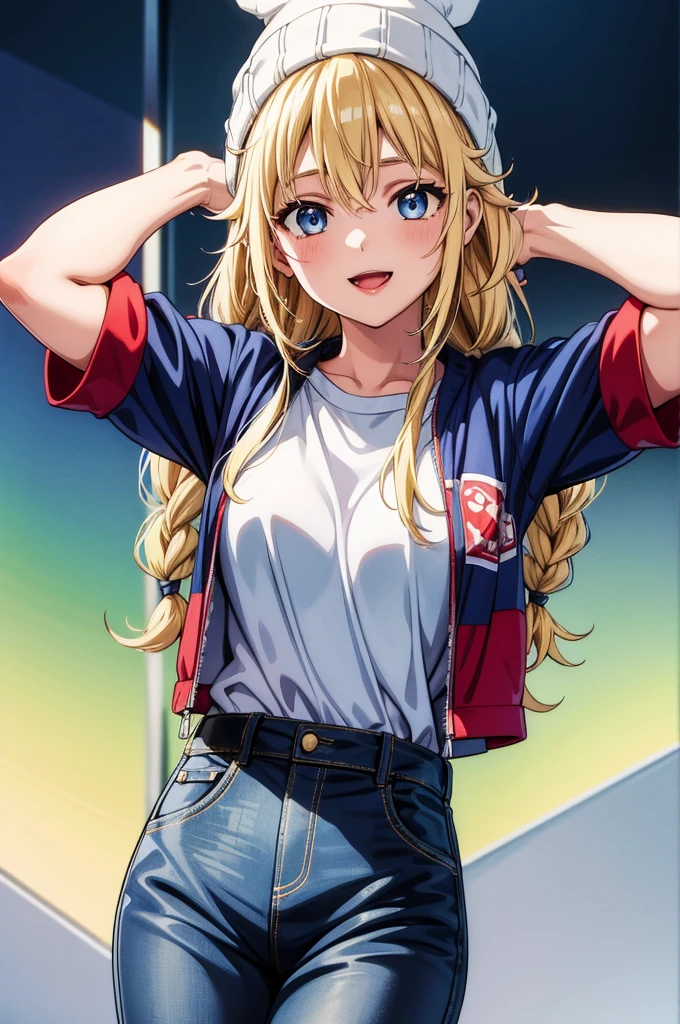fuuko izumo, hair between eyes,shirt, white shirt, jacket, open jacket, pants, denim, beanie, red beanie, big smile, arms open for a hug, alone, tongue out,FuukoIzumoNDV, , , red beanie, white t-shirt, jeans,masterpiece, bestquality, ultra-detailed, detailed scenery, cinematic effect,Eiko Tsukimi, blue eyes, braid, twin braid,(((blonde hair))),baseball cap