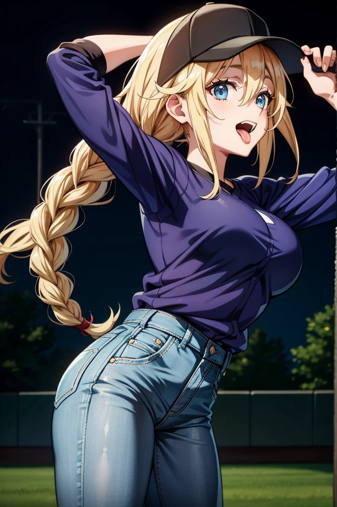 a cartoon image of a woman in a hat wearing a baseball cap, 1girl, solo, blue eyes, blonde hair, braid, hat, twin braids, breasts, long hair, smile, skirt, baseball cap, open mouth, black skirt, looking at viewer, blush, shirt tucked in