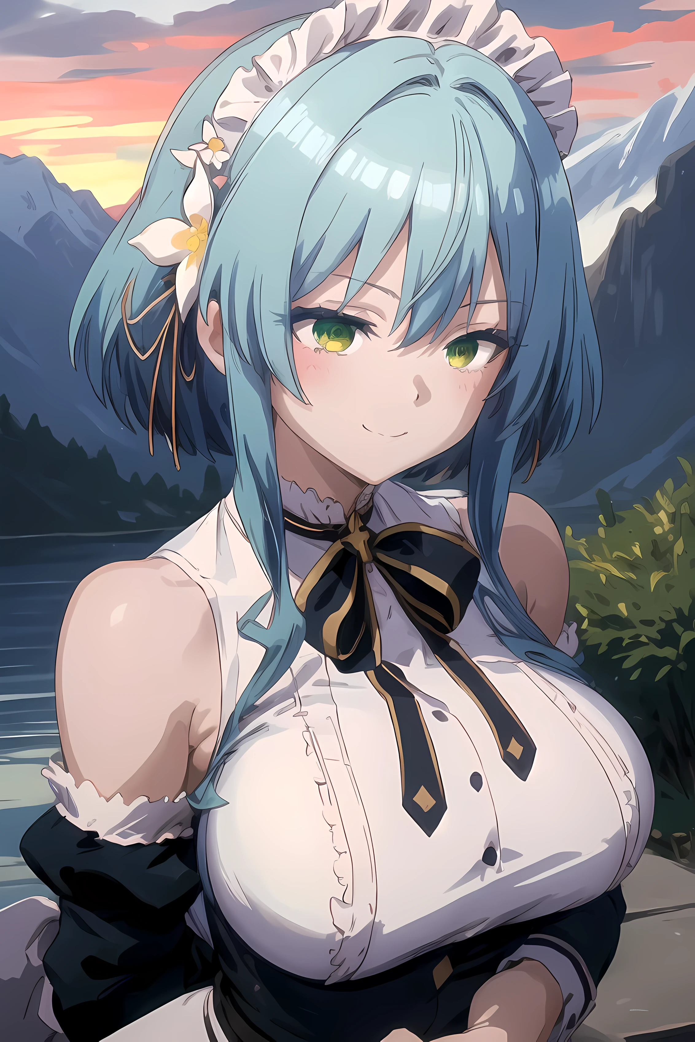 (masterpiece),(best quality), villhaze, 1girl, blue hair, short hair, bangs, green eyes , hair between eyes, hair ornament, maid headdress, hair flower, sidelocks, medium breasts, crazy face, upper body, persistent stare, mountains, forest, looking at the viewer, red sky, yandere trance, yandere, hands on own face,hands on own cheeks, blank eyes, blush, large smile, yandere smile