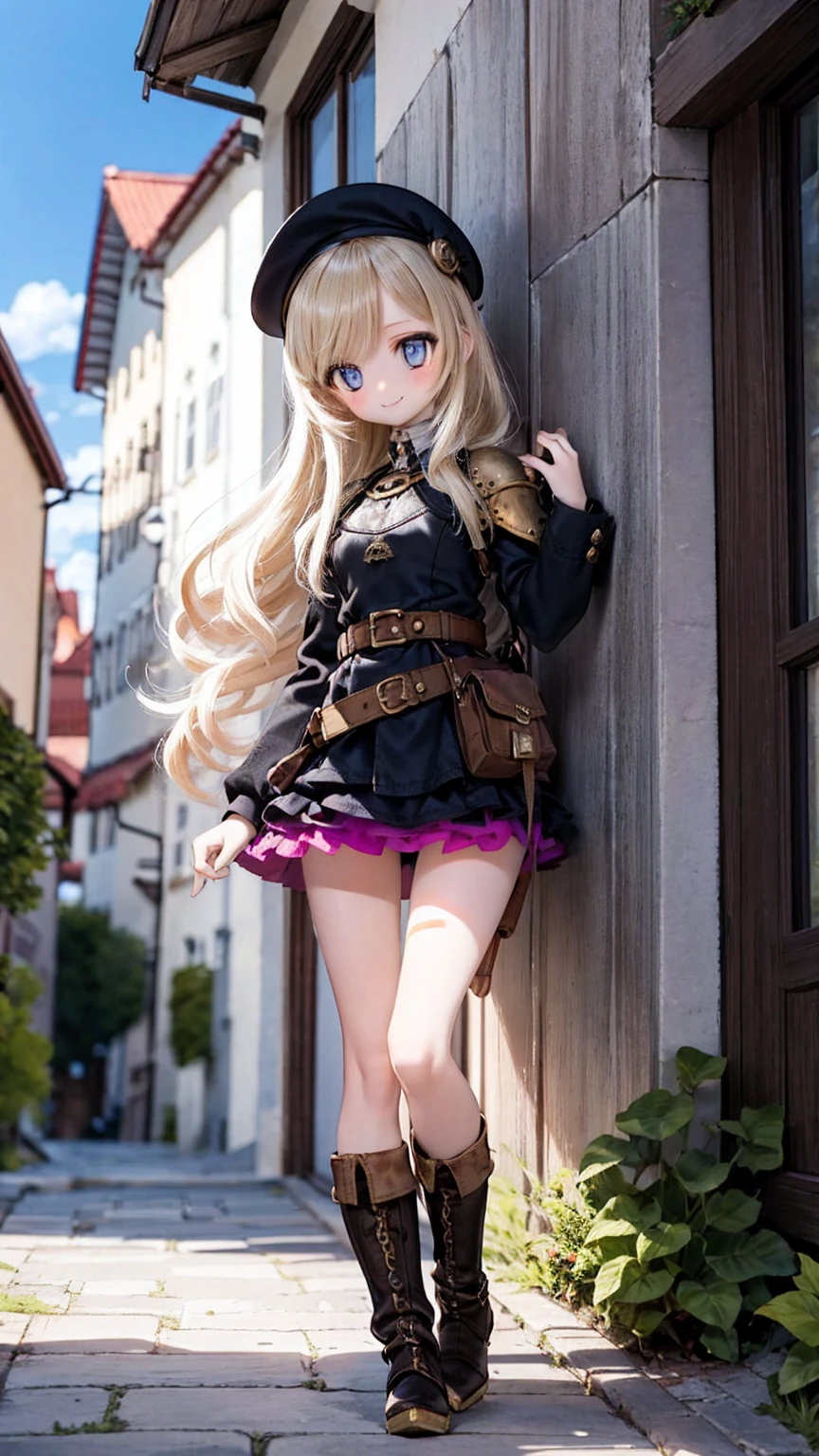 (14th century), (Medieval Fantasy), (Medieval German stone town),Cobblestone Street,pretty girl, beautiful girl, Beautiful Face, Round eyes, highest quality, Very detailed, smile, (steampunk),Long sleeve,Layered skirt, Blonde,Long Hair, belt,beret,Pouch,boots,Sun in the sky