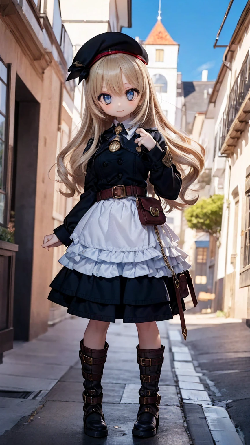 (14th century), (Medieval Fantasy), (Medieval German stone town),Cobblestone Street,pretty girl, beautiful girl, Beautiful Face, Round eyes, highest quality, Very detailed, smile, (steampunk),Long sleeve,Layered skirt, Blonde,Long Hair, belt,beret,Pouch,boots,Sun in the sky