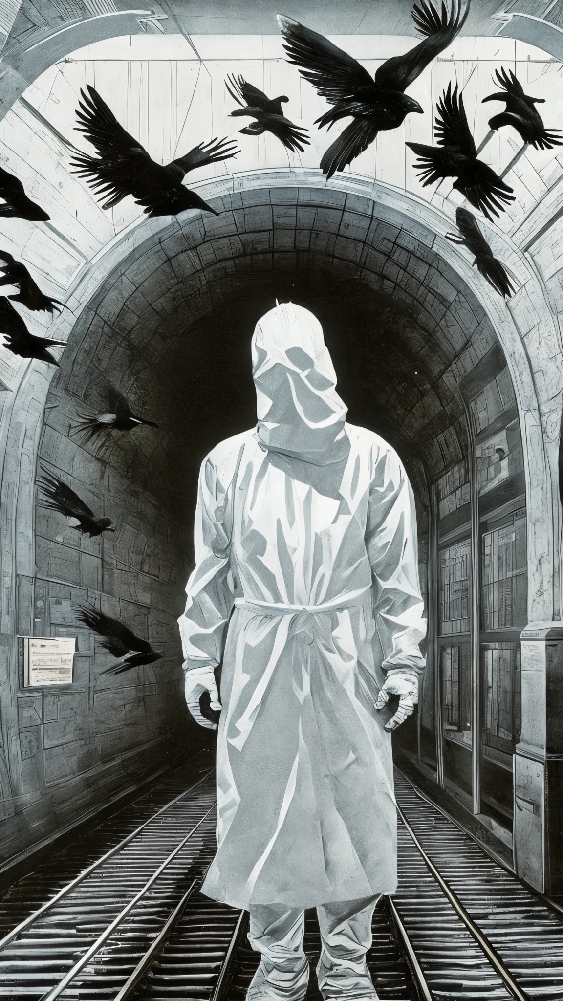 surrealism, Faceless shadow, wearing white protective clothing, There are crows flying. left the subway.