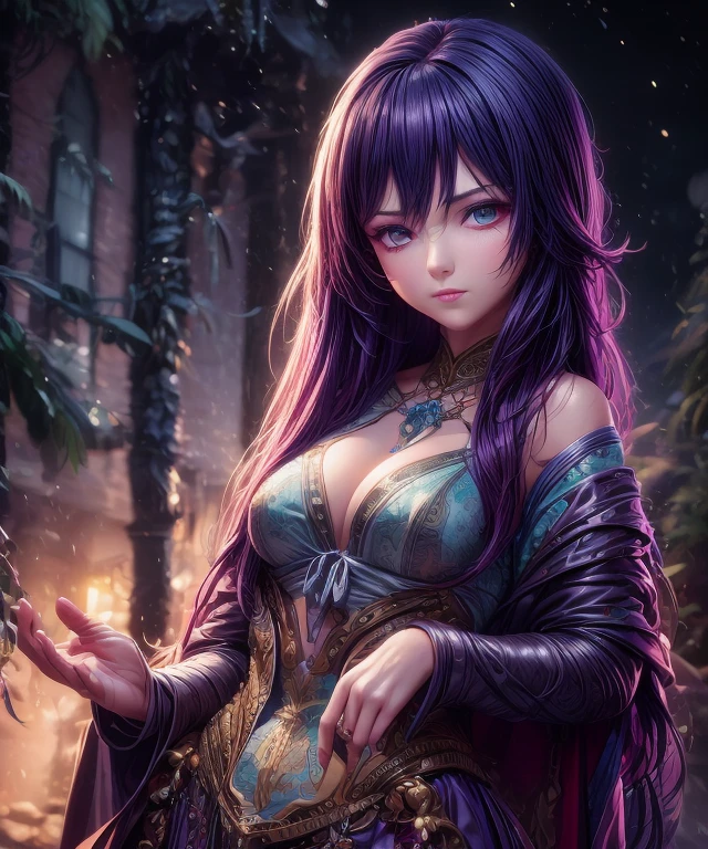 purple witch girl in light dress with hat, satin, fur, (stockings), decollete, natural breasts, slim body, zettai ryouiki, medium length hair, beautiful detailed emerald eyes, portrait, most realistic, highest quality, best pixels, 8k ultra