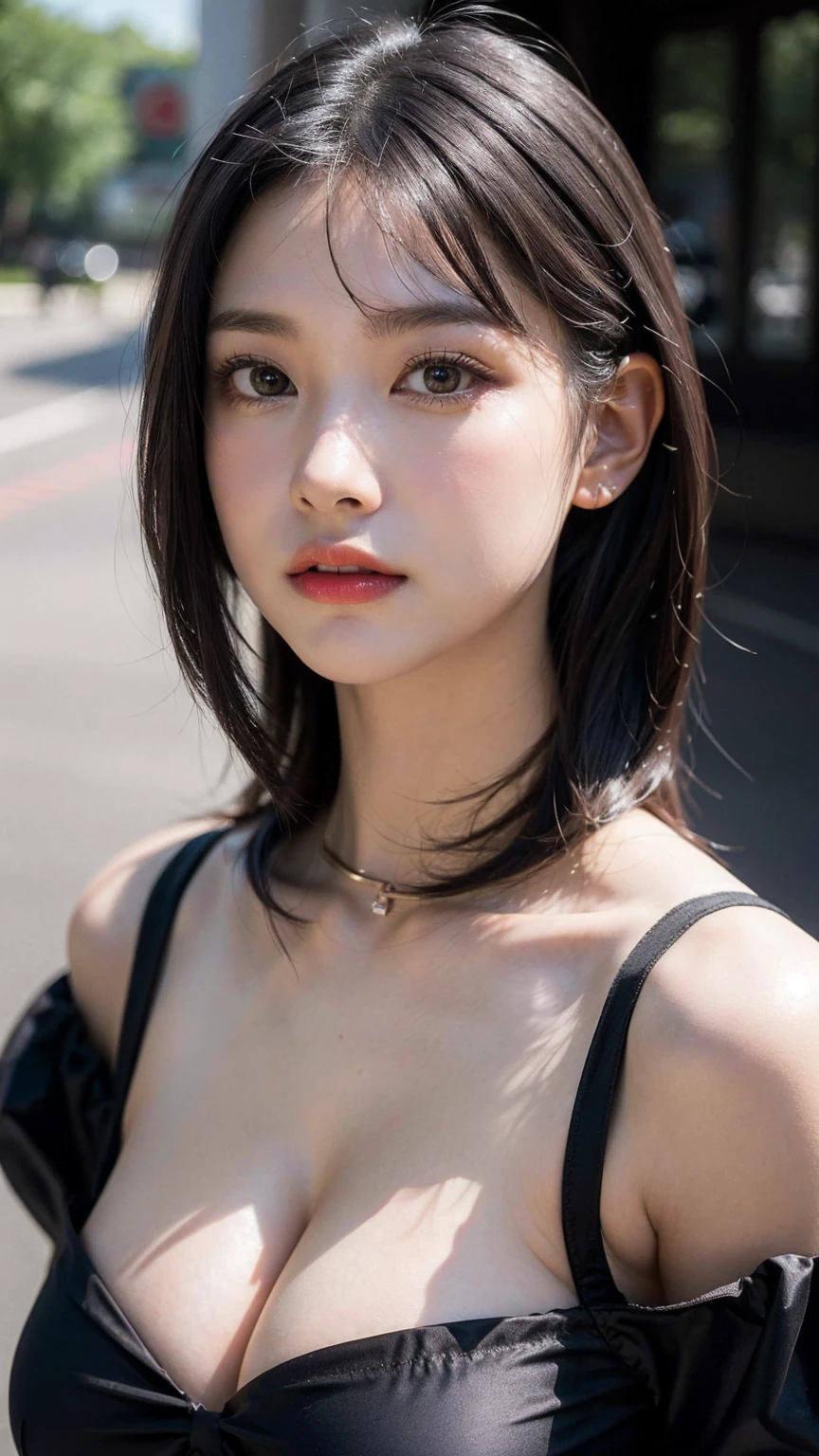 best quality, masterpiece, ultra high res, (photorealistic:1.4), 1girl, off-shoulder shirt, ((traditional Chinese dress:1)), black choker, black dress, ((faded ash gray hair:1)), (huge breasts:1.2), looking at viewer, closeup, silky smooth skin, detailed eyes and face, depth of field, bokeh, detailed lighting, beautiful and adorable, braid, slender body, High exposure of the chest, 