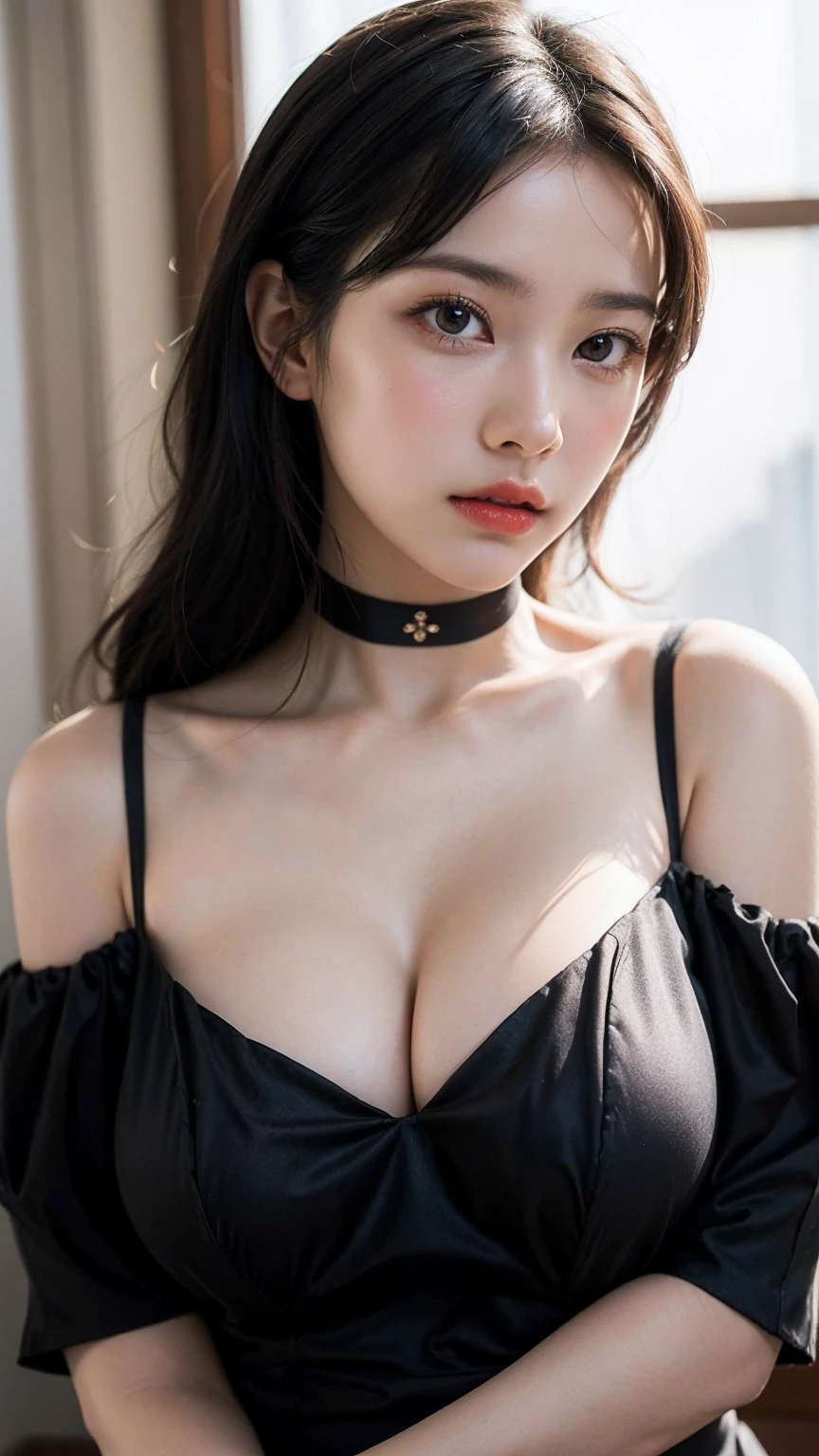 best quality, masterpiece, ultra high res, (photorealistic:1.4), 1girl, off-shoulder shirt, ((traditional Chinese dress:1)), black choker, black dress, ((faded ash gray hair:1)), (huge breasts:1.2), looking at viewer, closeup, silky smooth skin, detailed eyes and face, depth of field, bokeh, detailed lighting, beautiful and adorable, braid, slender body, High exposure of the chest, 