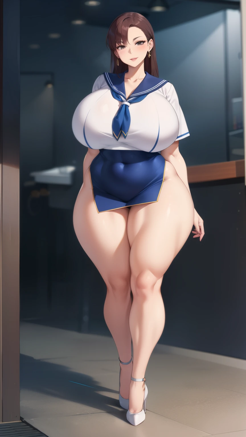 (masterpiece), (highest quality), (High resolution,High resolution), (Rebis style), (Character - Kaoruko Sazaki), Brown Hair,Twin tails, Erotic,((Sexy bimbo body)),Perfect Breasts,(huge breasts:1.5),sexy,(Perfect body line),Narrow waist,{Dark Skin:1.3}. Costume change,(((Sexy school uniform))),{Character status screen}, (perfect full body).