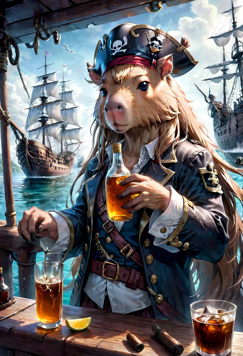 A Capybara, capybara, Capybara pirates with an eye patch and pirate hats and holding bottles of rum, on a ghost ship, intricate details, HDR, beautifully shot, hyperrealistic, sharp focus, megapixels, perfect composition, high contrast, cinematic, atmospheric, moody
