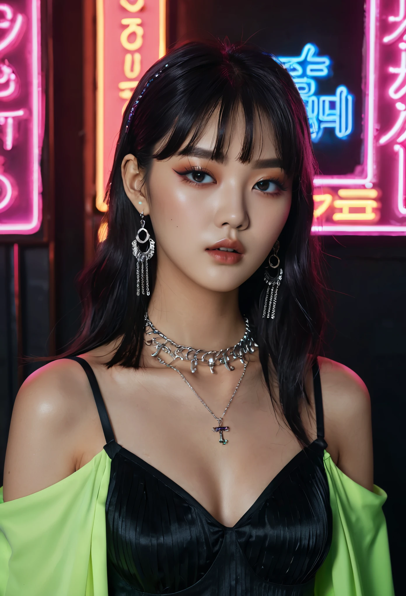 xxmixgirl, woman with a necklace and a necklace with a neon sign in the background, popular korean makeup, character album cover, dark psychedelia style, joy, promotional photoshoot, with a dark fringe, vogue cover style, promotional render, center parted curtain bangs