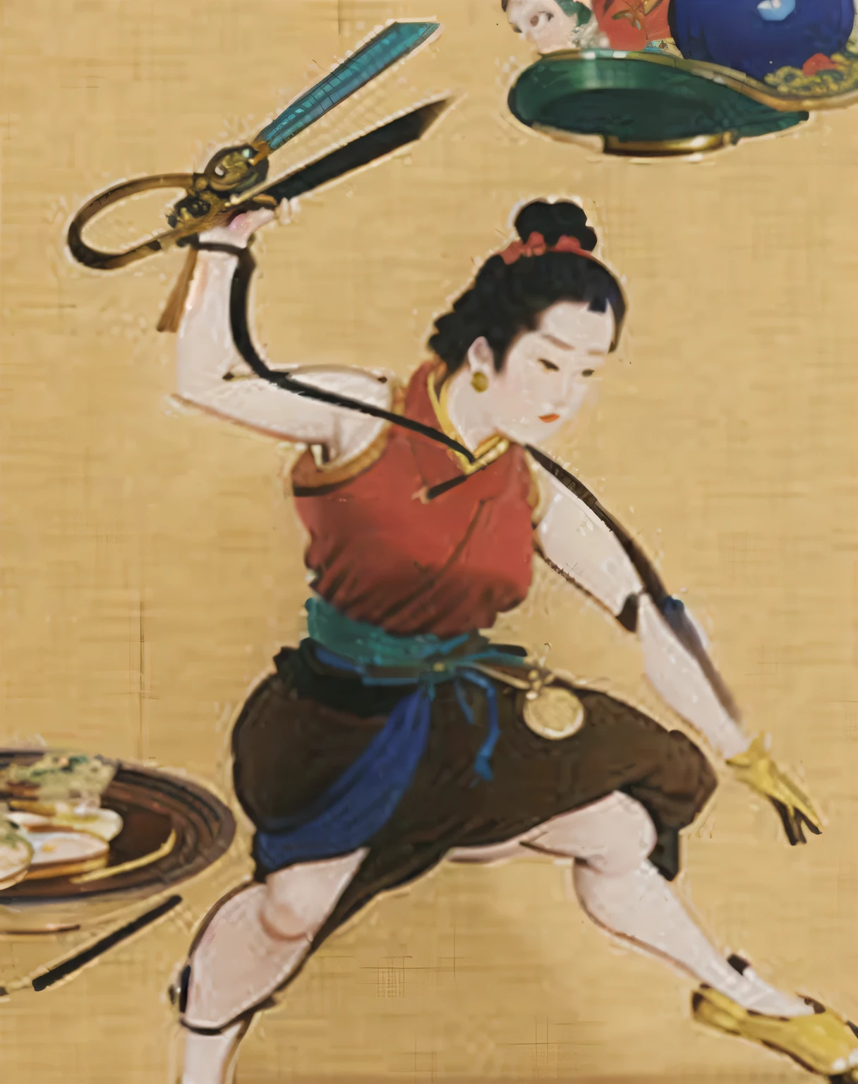 there is a plate with a painting of a woman holding a pair of scissors, dancing character, inspired by Suzuki Harunobu, inspired by Yun-Fei Ji, inspired by Gao Kegong, inspired by Shūbun Tenshō, Inspired by Tawaraya Sōtatsu, inspired by Hanabusa Itchō II