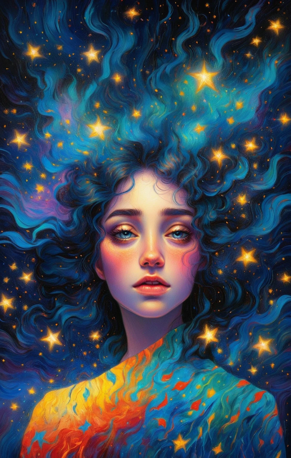 chiaroscuro technique on sensual illustration of an A girl standing under a night sky filled with shooting stars of good fortune. The scene is depicted in the style of an oil painting, with vibrant colors and rich textures. The girl has a dreamy expression and her eyes are beautifully detailed, with long eyelashes. The focus is on the girl's face, which has photorealistic features - detailed eyes, nose, and lips. Her hair flows freely, adding movement to the scene. The overall atmosphere is magical and mysterious, with a touch of whimsy. The background is an abstract portrayal of a female figure, blending seamlessly with the shooting stars. The lighting is ethereal, with a soft glow illuminating the girl and the surrounding stars. The artwork is of the best quality, with high-resolution details and vibrant colors. The medium used is an oil painting technique, creating depth and texture. The overall composition is a masterpiece, capturing the viewer's attention and evoking a sense of wonder.
