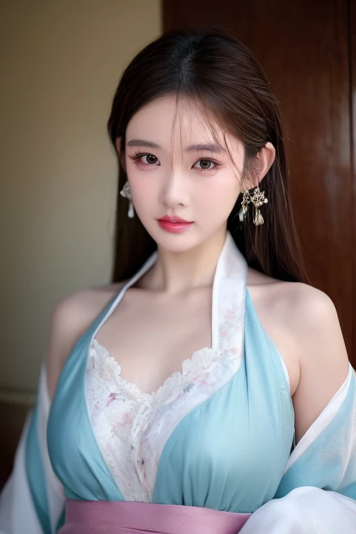 1 realistically beautiful girl, waist length hair, black eyes, ancient Ao Dai, style hanfu, wearing a thin silk shirt of ancient China, pink and smooth white skin, wearing a discreet ancient style ao dai, appears shoulders and head in the photo, Very cute little face, eye bags under wet and detailed makeup, plump red lips, charming small and curved lips, ((closed mouth:1.0)), balanced incisors, embarrassed, small face makeup detailed and very beautifull, The breasts are super round and tight, breast augmentation, blum , Cover the girl's chest with a camisole inside, blush, from front, wear earrings, necklaces, from above, looking at viewer, upturned eyes, full body, masterpiece, top quality, best quality, official art, unity 8k wallpaper, highres, ultra high res, ultra detailed, (photorealistic:1.2), alone, solo, only 1 girl, style hanfu Dunhuang, 10x pixels, super realistic, ultra high quality, portrait body view of the girl, upper body,