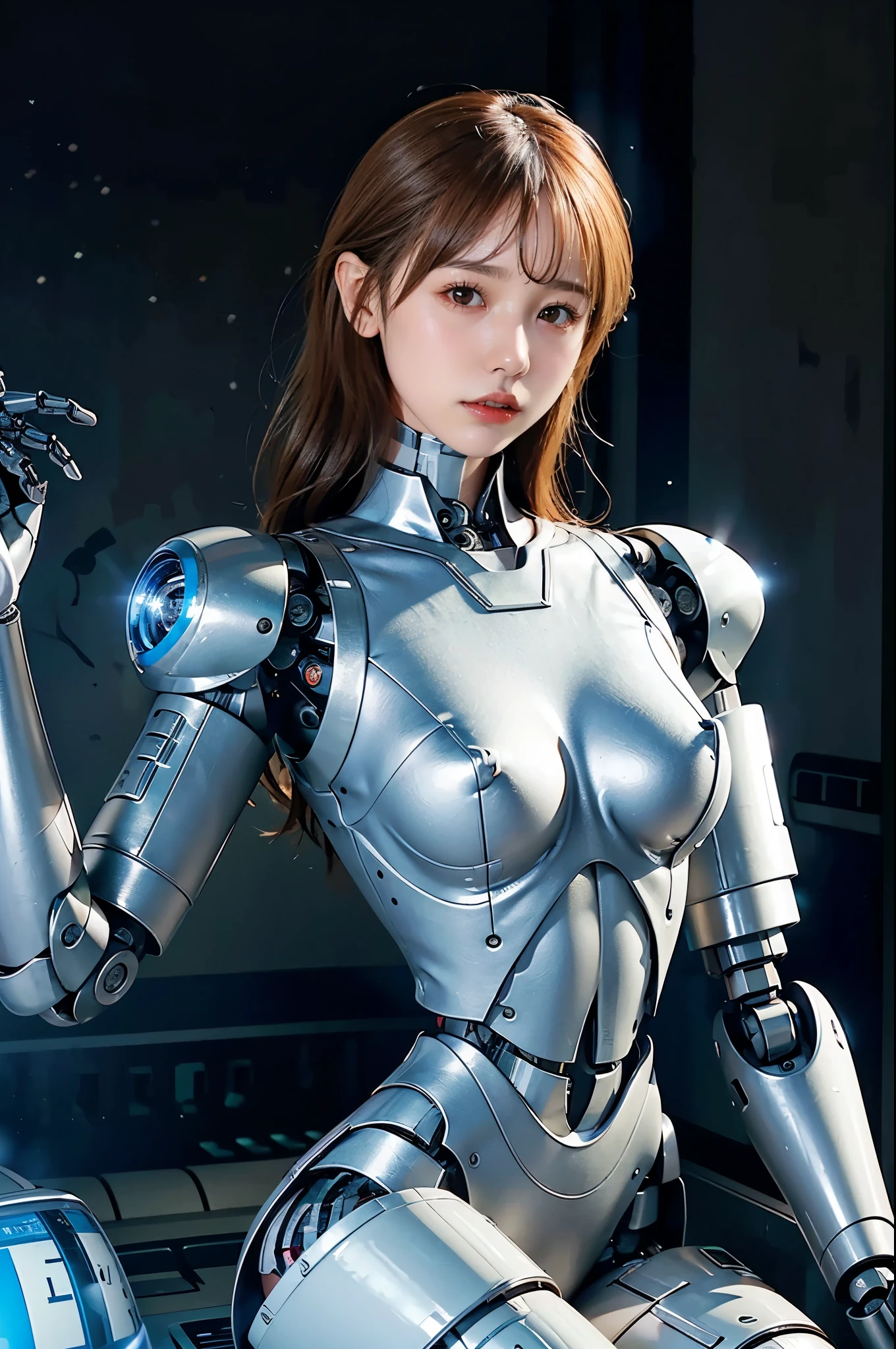 Thaifacemixx,  (Photorealsitic:1.4)、((a beauty girl:1.6)), 1 full-body cyborg girl, Nipple, , sixteen years old、NOhumans、((The skin part is only the face)), Luminous Eyes、((Lots of split metal chest protectors)), Metal Robot、((The whole body is the body of a combat robot))、((Body parts are robot parts:1.8))、((The internal mechanisms of the chest are exposed)), ((Mechanical chest armor with LED indicators and meters)), Robot arms and legs、((Exposed metal skeleton of the abdomen))、Metal skeleton of the cervical region、Under repair、destroyed body、Metal Mechanical Bra、Full Body Metal Skin、Metal bodysuit、Metal scales covering the whole body、body made of metal、Whole body metal、a beauty girl、prosthetic hand、artificial leg、Full body cyborg、Exposed metal skeleton、Asian Beauty、cyberpunked、steampunc、Inside the futuristic space battleship、laboratory、Complex 3d rendering beautiful porcelain profile ultra detailed female type android face、dark brown  hair、glowy skin、((super realistic details))、portlate、globalillumination、Shadow、octan render、metals、Details of complex ornaments、Japan details、highly intricate detail、Realistic light、CGSoation Trends、a purple eye、radiant eyes、Facing the camera、neon details、Mechanical limbs、blood vessels connected to tubeechanical vertebrae attached to the back、mechanical cervical attaching to neck、sitting on、Wires and cables connecting to the head、Gundam、Small LED lamp、​masterpiece、 Metal Robot、body made of metal、Whole body metal、prosthetic hand、artificial leg、Full body cyborg、Exposed metal skeleton、Asian Beauty、cyberpunked、steampunc、Futuristic cities、laboratory、Complex 3d rendering beautiful porcelain profile super detailed female android face、cyborgs、roboticparts、150mm、beautiful studio soft light、Rim Lights、Anatomical、face muscles、cable electric wireicrochips、elegent、beatiful backgrounds、octan render、HR Giger Style、8K、top-quality、​masterpiece、illustratio、extremely delicat