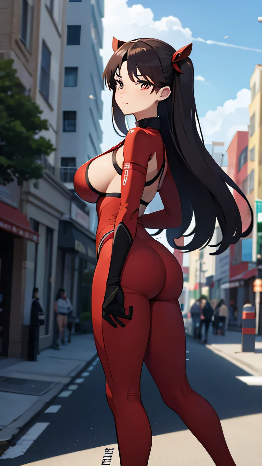 anime girl in red outfit posing in the middle of a city street, full body zenkai! asuka suit, thicc, tracer in a skintight dress, fullbodysuit, wearing tight suit, in spandex suit, ( ( big  tits breast ) ), character is in her natural pose, red suit, tight attire, red body suit, rin tohsaka sports bra (do not focus on ass) (tits milk)