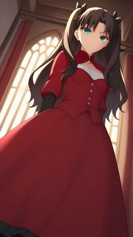 score_9, score_8_superior, score_7_superior, sauce_anime, 
BREAK Tohsaka Rin, Aqua Eye, Black Hair, hair ribbon, Long Hair, ribbon, Side Lock, two side superior, Parted bangs, Red dress, Ruffled Dress, No sleeve, Red Bridal Gauntlets, Elbow hand pockets, chestの谷間, chest, INTERIOR OF THE CASTLE, Cowboy Shot, Are standing, View your viewers, Dynamic Angle,