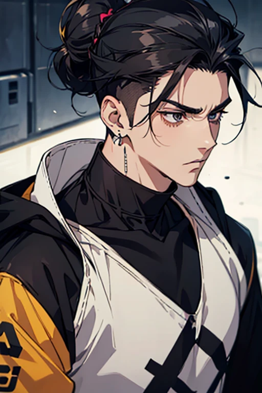 man gradient anime young black hair with low bun shaved sides turns hair to the left side in the middle serious face with black earrings sweatshirt