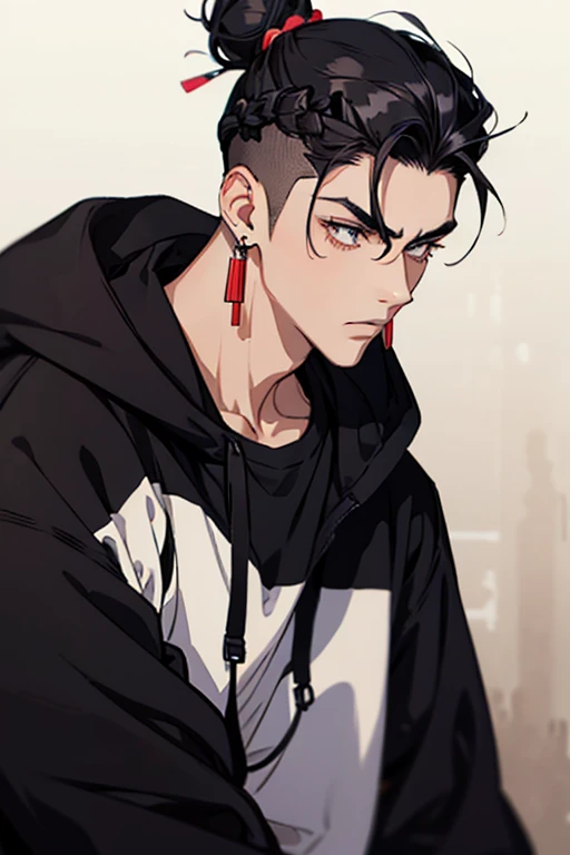 man gradient anime young black hair with low bun shaved sides turns hair to the left side in the middle serious face with black earrings sweatshirt