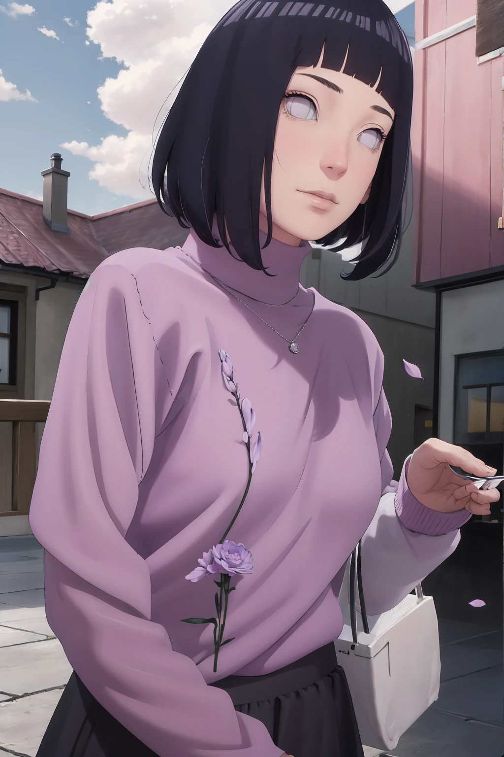 Meisterwerk, absurdres, Hinata\(Boruto\), 1girls, nur,reifes Weibchen, lila Kapuzenpullover,layered sleeves, braune Hose, al fresco,Lavendelblütenfeld, Blick auf den Betrachter, (falling petals), overcast sky, Perfekte Komposition, Detaillierte Lippen, large chest, Beautiful face, Body Propotion, flush, (rosa Lippen), Lange Haare, lila Augen, Sanfter Blick, sad smile, Super realistisch, Detailliert, Fotoshooting, Realistic face and body, Realistisches Haar, Realistische Augen, realistische Nase, Realistische Lippen, backwards, looking back