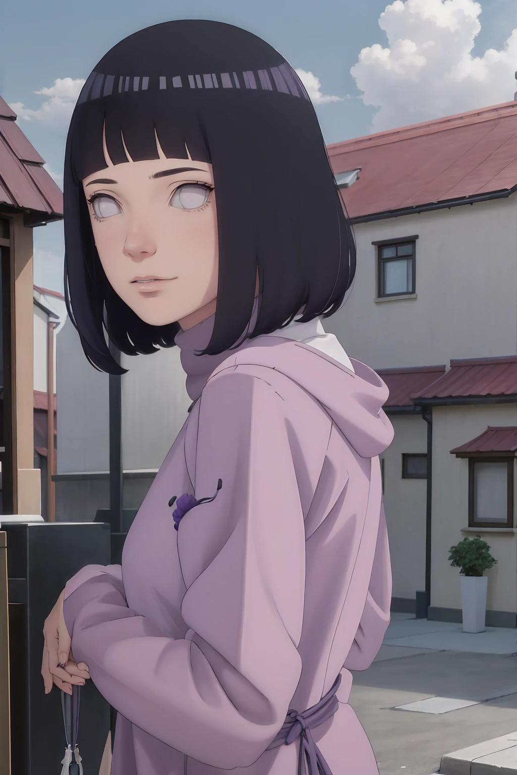 Meisterwerk, absurdres, Hinata\(Boruto\), 1girls, nur,reifes Weibchen, lila Kapuzenpullover,layered sleeves, braune Hose, al fresco,Lavendelblütenfeld, Blick auf den Betrachter, (falling petals), overcast sky, Perfekte Komposition, Detaillierte Lippen, large chest, Beautiful face, Body Propotion, flush, (rosa Lippen), Lange Haare, lila Augen, Sanfter Blick, sad smile, Super realistisch, Detailliert, Fotoshooting, Realistic face and body, Realistisches Haar, Realistische Augen, realistische Nase, Realistische Lippen, backwards, looking back