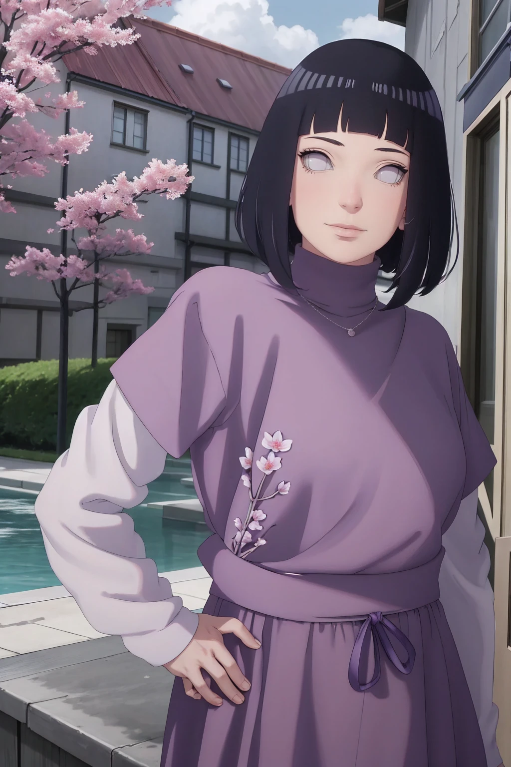 Meisterwerk, absurdres, Hinata\(Boruto\), 1girls, nur,reifes Weibchen, lila Kapuzenpullover,layered sleeves, braune Hose, al fresco,Lavendelblütenfeld, Blick auf den Betrachter, (falling petals), overcast sky, Perfekte Komposition, Detaillierte Lippen, large chest, Beautiful face, Body Propotion, flush, (rosa Lippen), Lange Haare, lila Augen, Sanfter Blick, sad smile, Super realistisch, Detailliert, Fotoshooting, Realistic face and body, Realistisches Haar, Realistische Augen, realistische Nase, Realistische Lippen, backwards, looking back