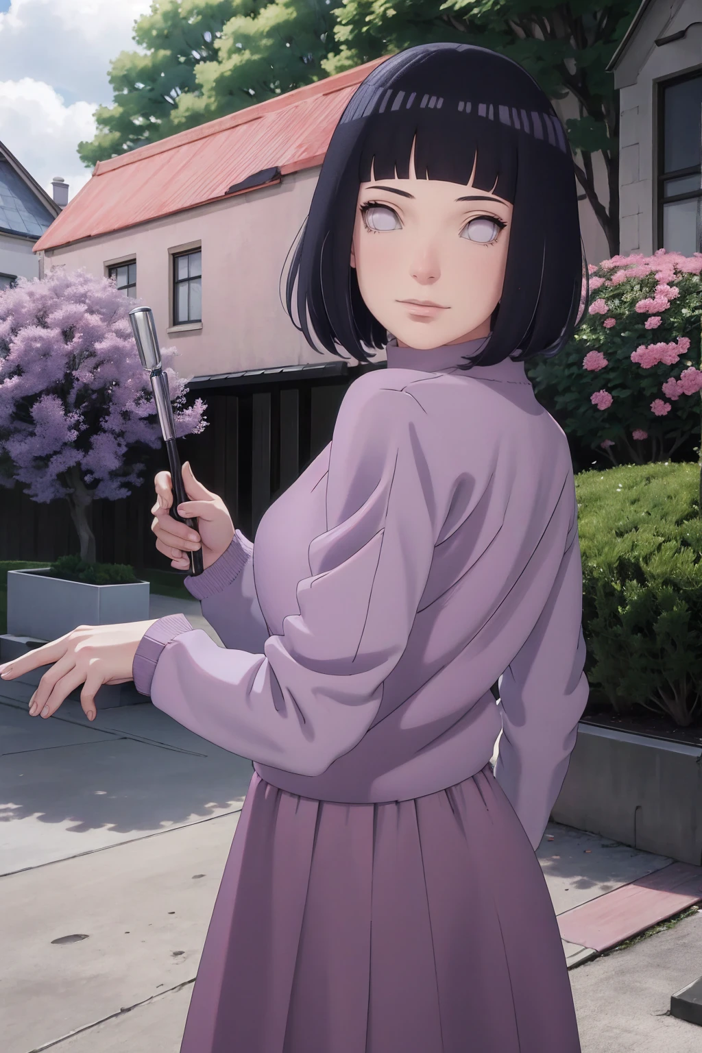 Meisterwerk, absurdres, Hinata\(Boruto\), 1girls, nur,reifes Weibchen, lila Kapuzenpullover,layered sleeves, braune Hose, al fresco,Lavendelblütenfeld, Blick auf den Betrachter, (falling petals), overcast sky, Perfekte Komposition, Detaillierte Lippen, large chest, Beautiful face, Body Propotion, flush, (rosa Lippen), Lange Haare, lila Augen, Sanfter Blick, sad smile, Super realistisch, Detailliert, Fotoshooting, Realistic face and body, Realistisches Haar, Realistische Augen, realistische Nase, Realistische Lippen, backwards, looking back