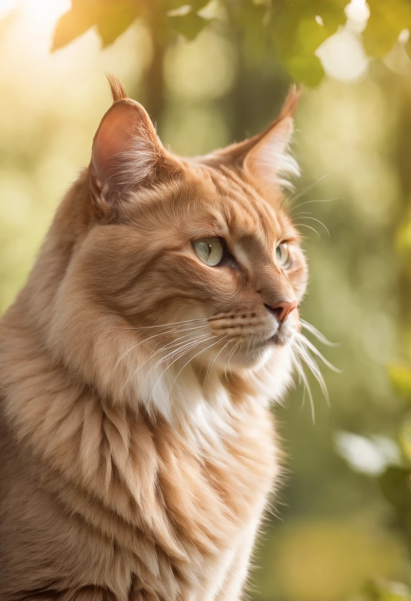  luxurious, large cat, glistening fur, very beautiful eyes, summer forest, background of trees, light sunlight, ultrarealistic.