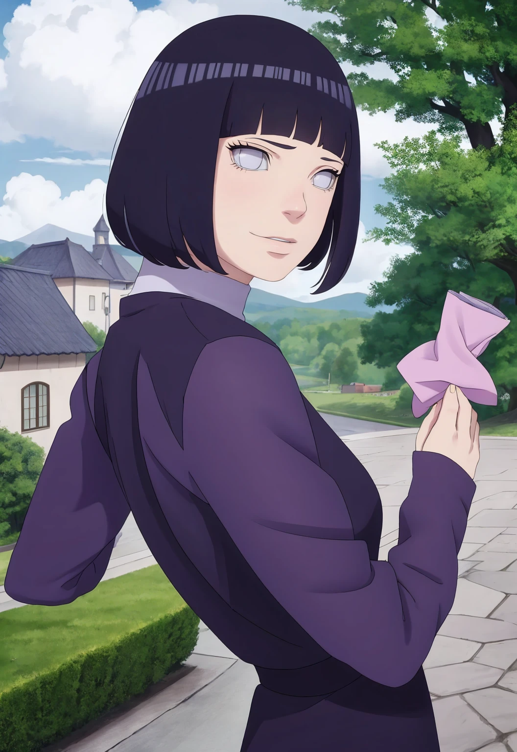 Meisterwerk, absurdres, Hinata\(Boruto\), 1girls, nur,reifes Weibchen, lila Kapuzenpullover,layered sleeves, braune Hose, al fresco,Lavendelblütenfeld, Blick auf den Betrachter, (falling petals), overcast sky, Perfekte Komposition, Detaillierte Lippen, large chest, Beautiful face, Body Propotion, flush, (rosa Lippen), Lange Haare, lila Augen, Sanfter Blick, sad smile, Super realistisch, Detailliert, Fotoshooting, Realistic face and body, Realistisches Haar, Realistische Augen, realistische Nase, Realistische Lippen, backwards, looking back