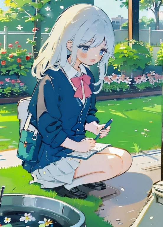 a girl painting in a garden, school uniform, masterpiece, high quality, best resolution, plants, flowers, butterfly, drawing