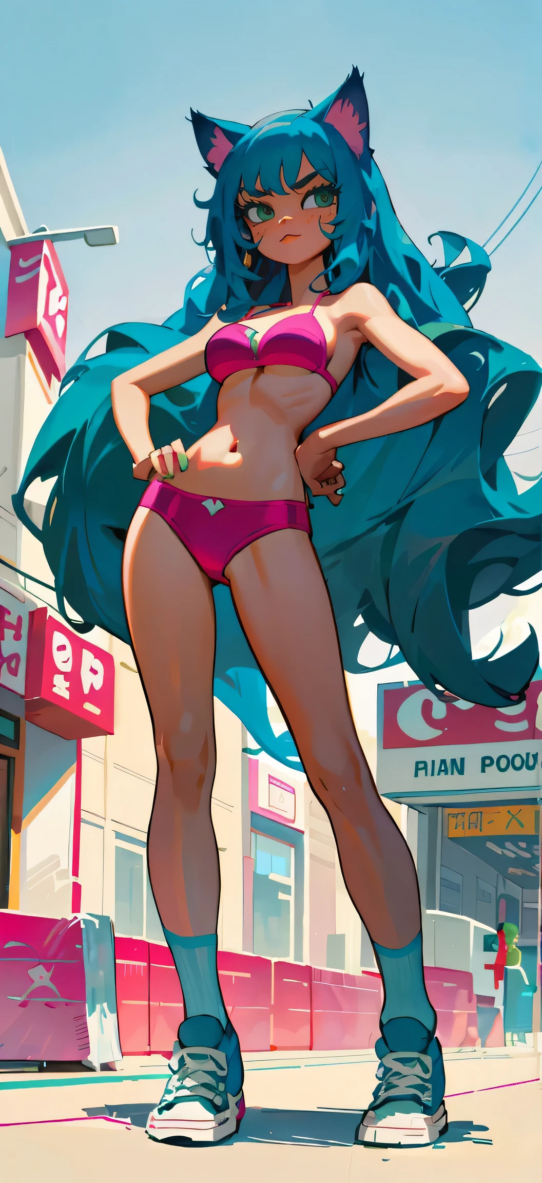 Masterpiece, best quality, high resolution, 1 woman, long blue hair , smooth, green eyes, Bored face , cat ears , pink bikini , abdomen, big breasts , Long legs , hands on hips , canvas shoes , convenience store