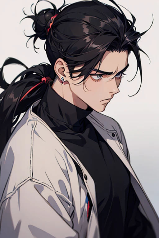 man gradient anime young black hair with low bun shaved sides turns hair to the left side in the middle serious face with black earrings sweatshirt