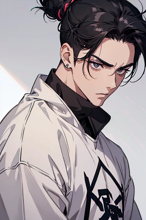 man gradient anime young black hair with low bun shaved sides turns hair to the left side in the middle serious face with black earrings sweatshirt