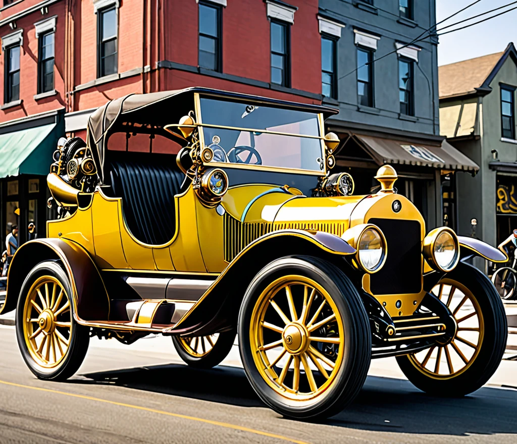 A cyber-steampunk-inspired vehicle, the 1920s most popular roadster, is driving down the road.The lengthy steely lemon color is adorned with gears, pipes, and metallic accents.The vehicle is surrounded by a vibrant community, with new construction of many business, apartments, stores, & houses being constructed, at sunrise.There are a multitude of people in the scene going about their daily lives.