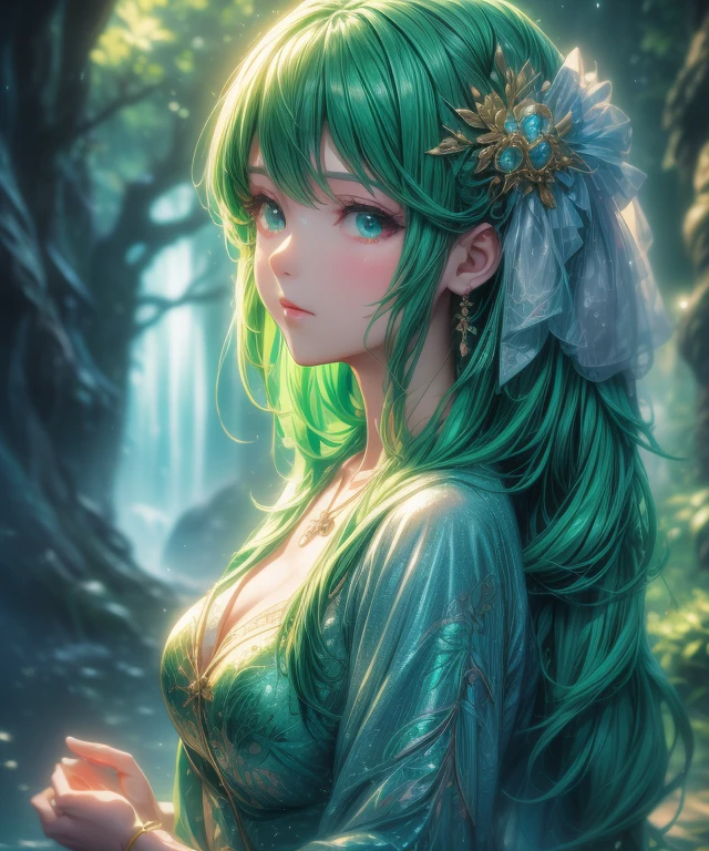 a close up of a woman with a green dress and a necklace, artwork in the style of guweiz, realistic anime 3 d style, beautiful anime portrait, anime realism style, detailed portrait of anime girl, beautiful character painting, by Yang J, stunning anime face portrait, realistic anime artstyle, portrait of an anime girl, beautiful anime style