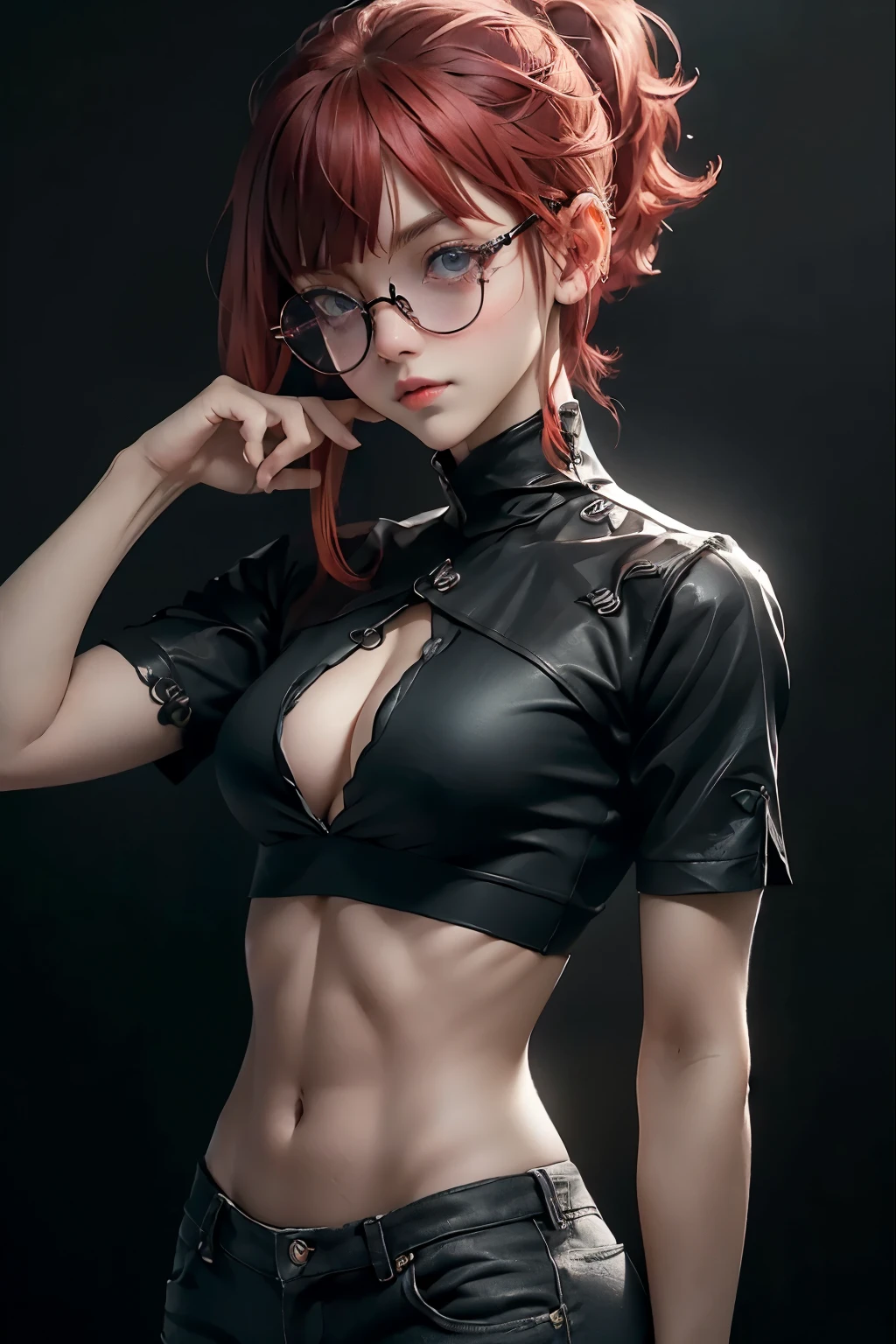 1nerdy girl with glasses, 28yo, Pia bangs hairstyle, (fringe cut bangs hairstyle), (The forehead is hidden by bangs), (((red hair))), ((boyish)), ((pony tail)), asymmetrical hair, (((black-rimmed round glasses))), ((beautifully detailed face)), long eyelashes, (Beautiful detailed eyes), (sharp eyes), Bright pupils, (Blue eyes), Fine eye makeup, (evil Smile), ((black frame glasses)), (Suggestive Pose), (cinematic angle), Full Body Shot, perfect anatomy, slender, small bust, cleavage, abs, (thin waist), muscular body, collarbone, (high detailed skin), ((top-quality)), ((High Definition)), ((beautiful detailed)), high quality shadow, Rule of thirds, mostly cloudy sky, ((official art)), anatomically correct, (((Best Quality))), (((masterpiece))), (((Super Detail))),naked,clothless,topless,botomless,exposed 