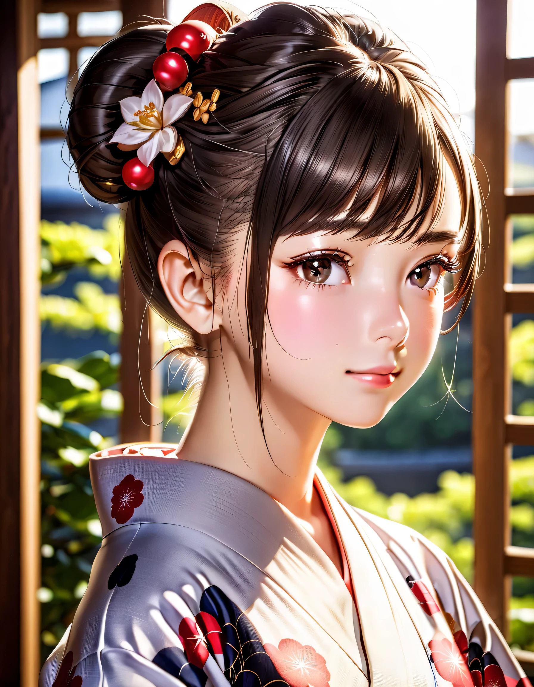 (1 prefect cute face girl),solo,cute poses, hair((brown,high ponytail)), eyes((green, smart eyes)),clothes((kimono,pink)), flower hair clip,(simple background),
