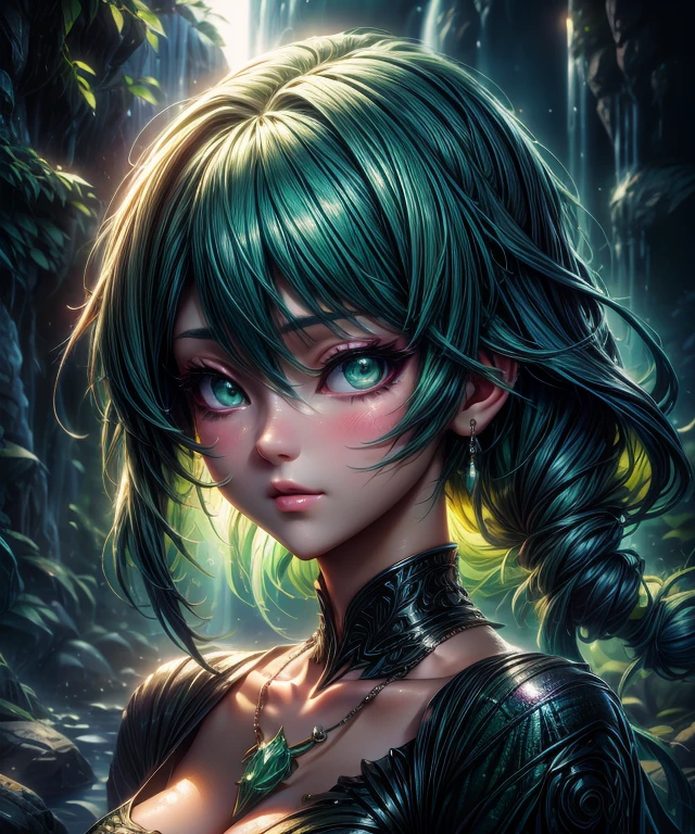 In the middle of forest plane there is beatiful siren who dance under the stary night sky, she have neatiful face long green hair with orange highlights her eyes in emerald green red lipsick and smoky eyes make up, hwe haken body civer only with black transparent spiler web vail, (ultra high quality fantasy art, dark fantasy style, masterpiece, ultra high quality character design, 8k quality anime art, realistic anime art, top quality wallpaper illustration, detailed ultra high quality accurate face, high quality design and accurate physic)