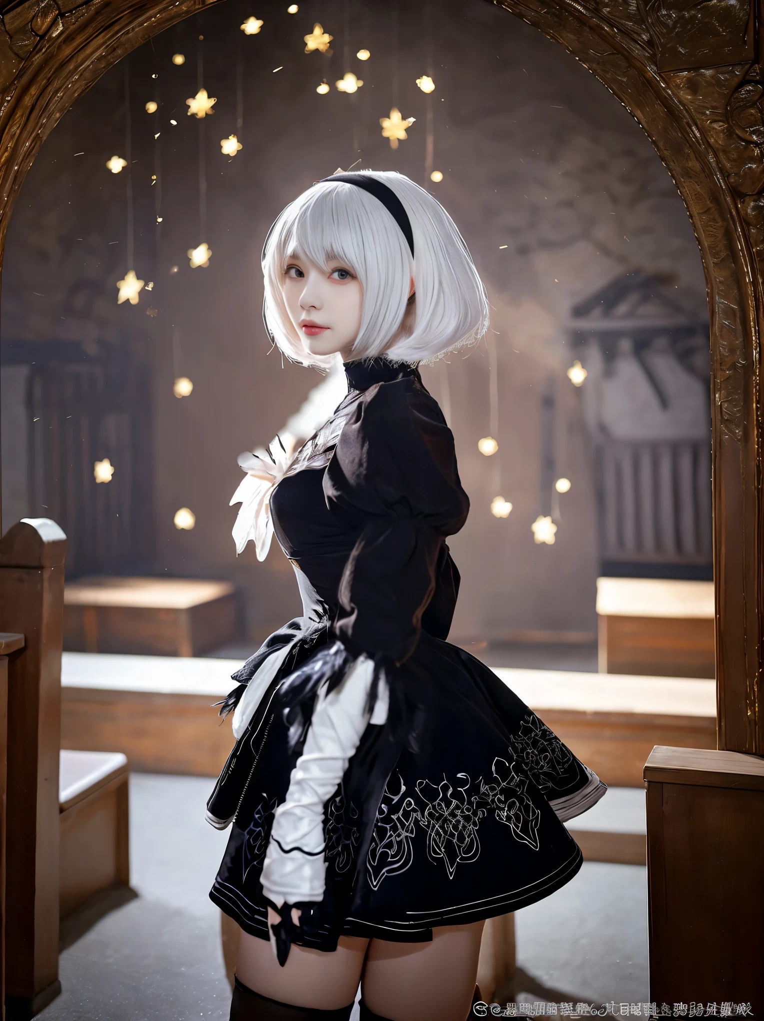 nier:Beautiful cosplay of 2B from Automata、A woman cosplaying as 2B、White skin、tall、21 years old、Englishman、nier:2B&#39;s black costume from Automata、Light background、Fantasyな教会を背景に、Standing tall in the middle of the church、Shooting from a diagonal angle、masterpiece、highest quality、high resolution、Fantasy、Glare、Anime Cosplay Makeup、Real Cosplay Photo、Cool photos、Full body portrait、handsome pose、Wrapped in a pale white glow、like、happiness、Kindness、Smoothly rendered