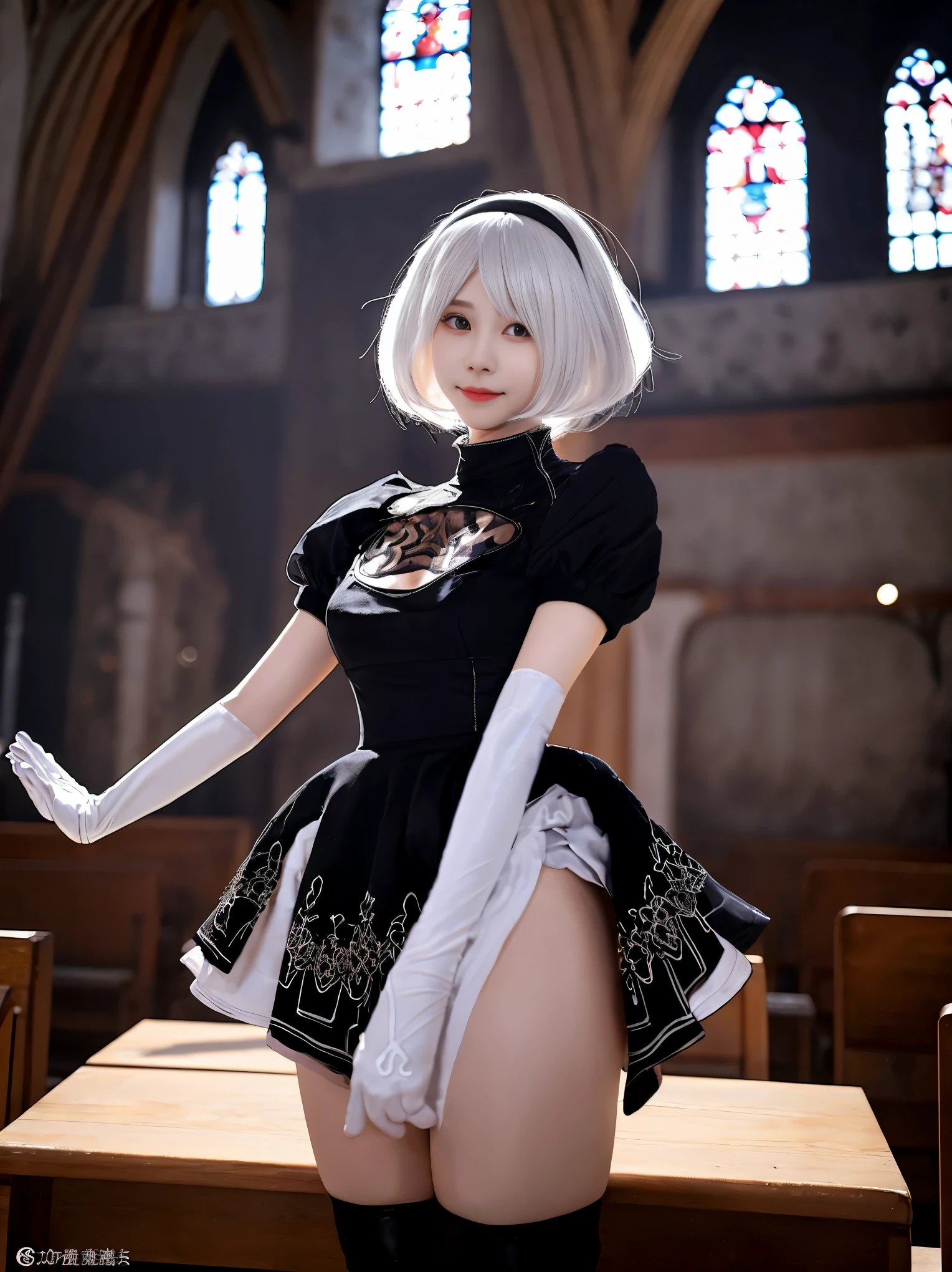 nier:Beautiful cosplay of 2B from Automata、A woman cosplaying as 2B、White skin、tall、21 years old、Englishman、nier:2B&#39;s black costume from Automata、Light background、Fantasyな教会を背景に、Standing tall in the middle of the church、Shooting from a diagonal angle、masterpiece、highest quality、high resolution、Fantasy、Glare、Anime Cosplay Makeup、Real Cosplay Photo、Cool photos、Full body portrait、handsome pose、Wrapped in a pale white glow、like、happiness、Kindness、Smoothly rendered