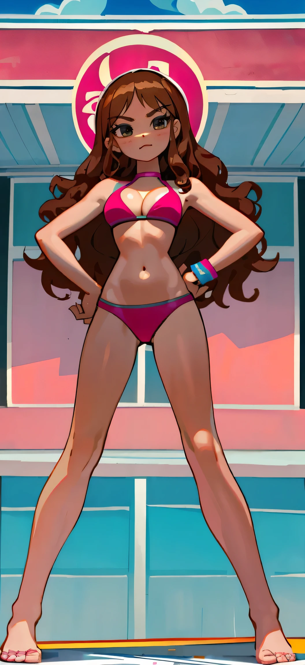 Masterpiece, best quality, Masterpiece, best quality, 1 woman, wavy brown hair, smile , sly face , pink bikini , abdomen, big breasts , Long legs , Barefoot , hands on hips , convenience store