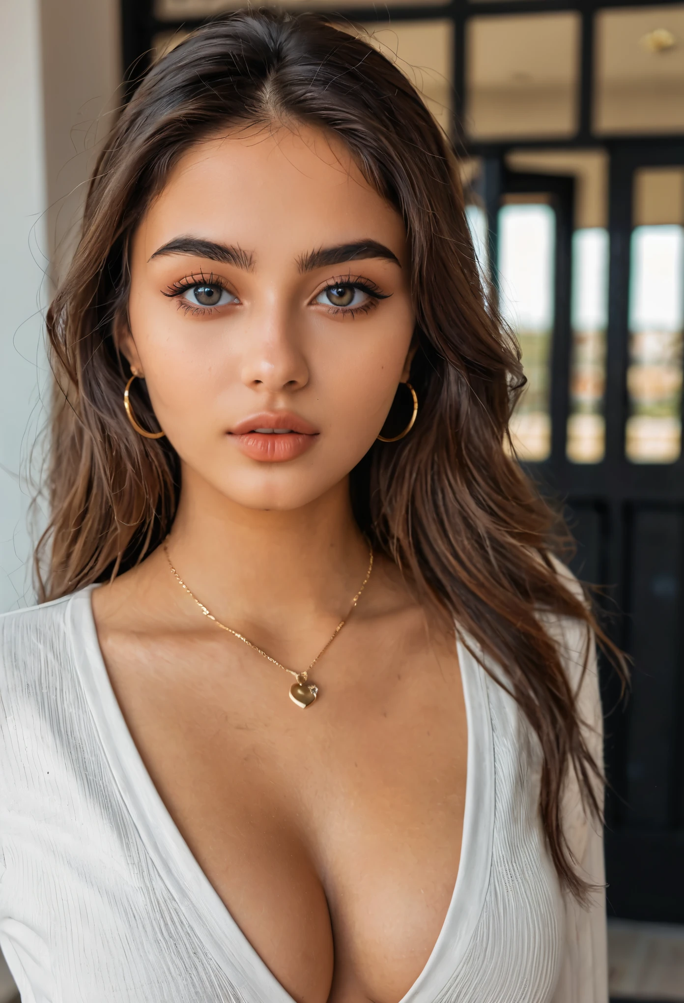 beautiful 21-year-old university student with alluring eyes, fatima model, cleavage, seductive gaze, in the style of instagram post, (looking at viewer)