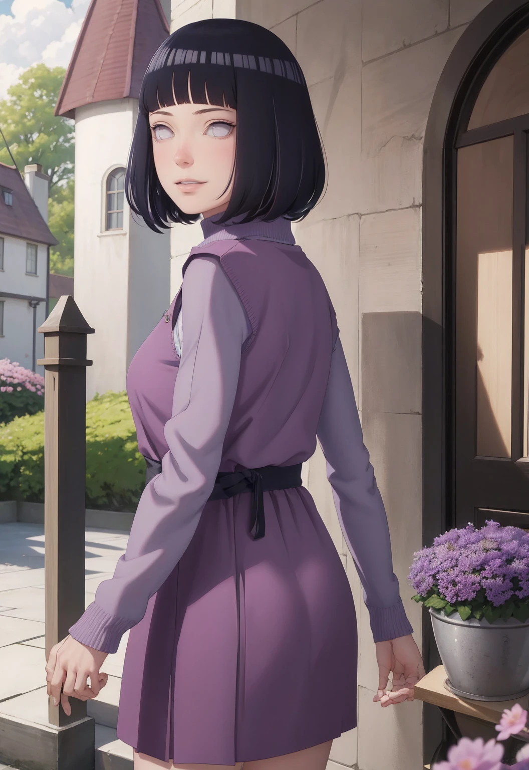 Meisterwerk, absurdres, Hinata\(Boruto\), 1girls, nur,reifes Weibchen, lila Kapuzenpullover,layered sleeves, braune Hose, al fresco,Lavendelblütenfeld, Blick auf den Betrachter, (falling petals), overcast sky, Perfekte Komposition, Detaillierte Lippen, large chest, Beautiful face, Body Propotion, flush, (rosa Lippen), Lange Haare, lila Augen, Sanfter Blick, sad smile, Super realistisch, Detailliert, Fotoshooting, Realistic face and body, Realistisches Haar, Realistische Augen, realistische Nase, Realistische Lippen, backwards, looking back