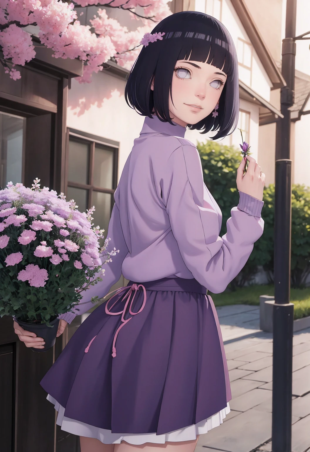 Meisterwerk, absurdres, Hinata\(Boruto\), 1girls, nur,reifes Weibchen, lila Kapuzenpullover,layered sleeves, braune Hose, al fresco,Lavendelblütenfeld, Blick auf den Betrachter, (falling petals), overcast sky, Perfekte Komposition, Detaillierte Lippen, large chest, Beautiful face, Body Propotion, flush, (rosa Lippen), Lange Haare, lila Augen, Sanfter Blick, sad smile, Super realistisch, Detailliert, Fotoshooting, Realistic face and body, Realistisches Haar, Realistische Augen, realistische Nase, Realistische Lippen, backwards, looking back
